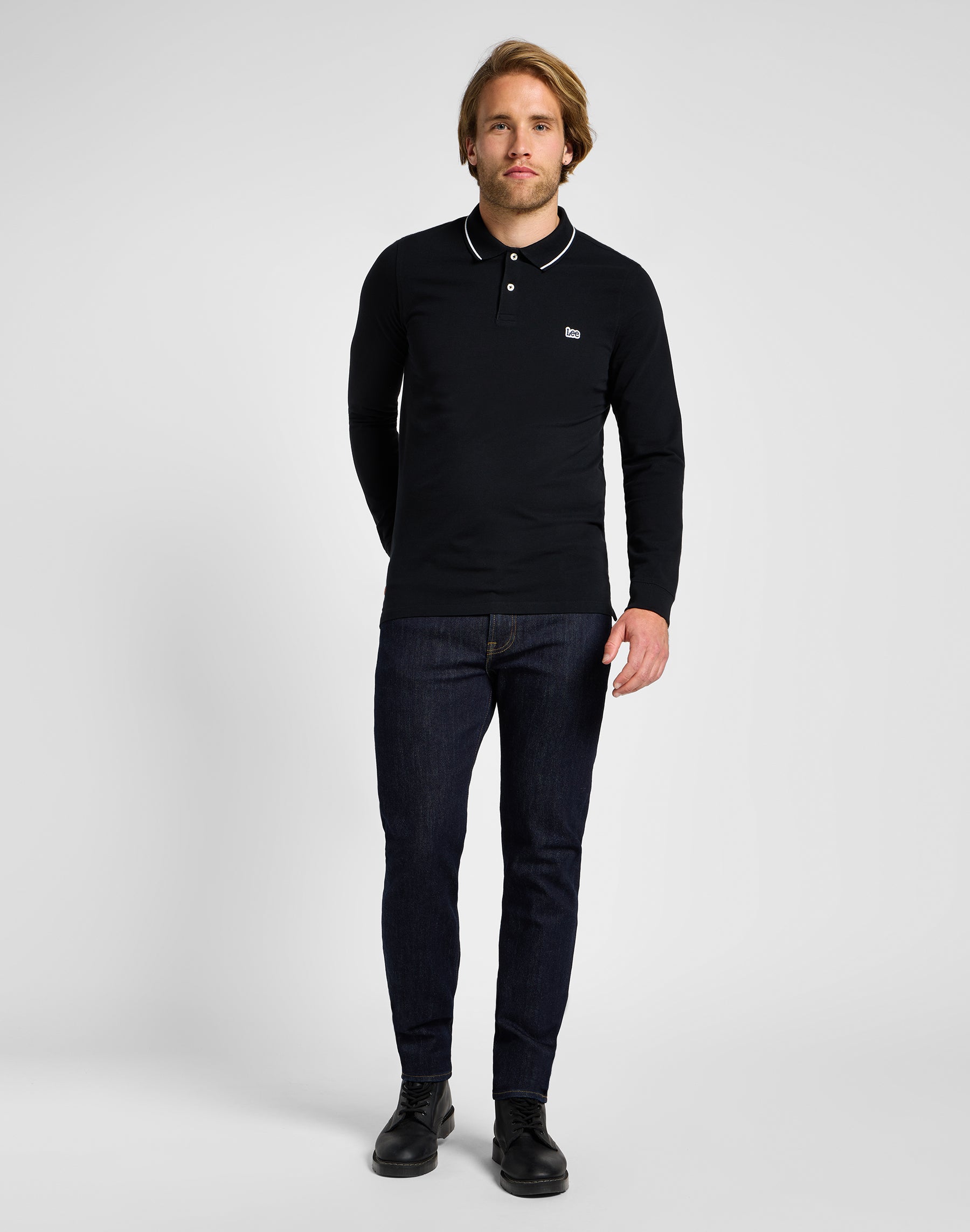 Langarm Pique Polo in Black Black T-Shirts Lee