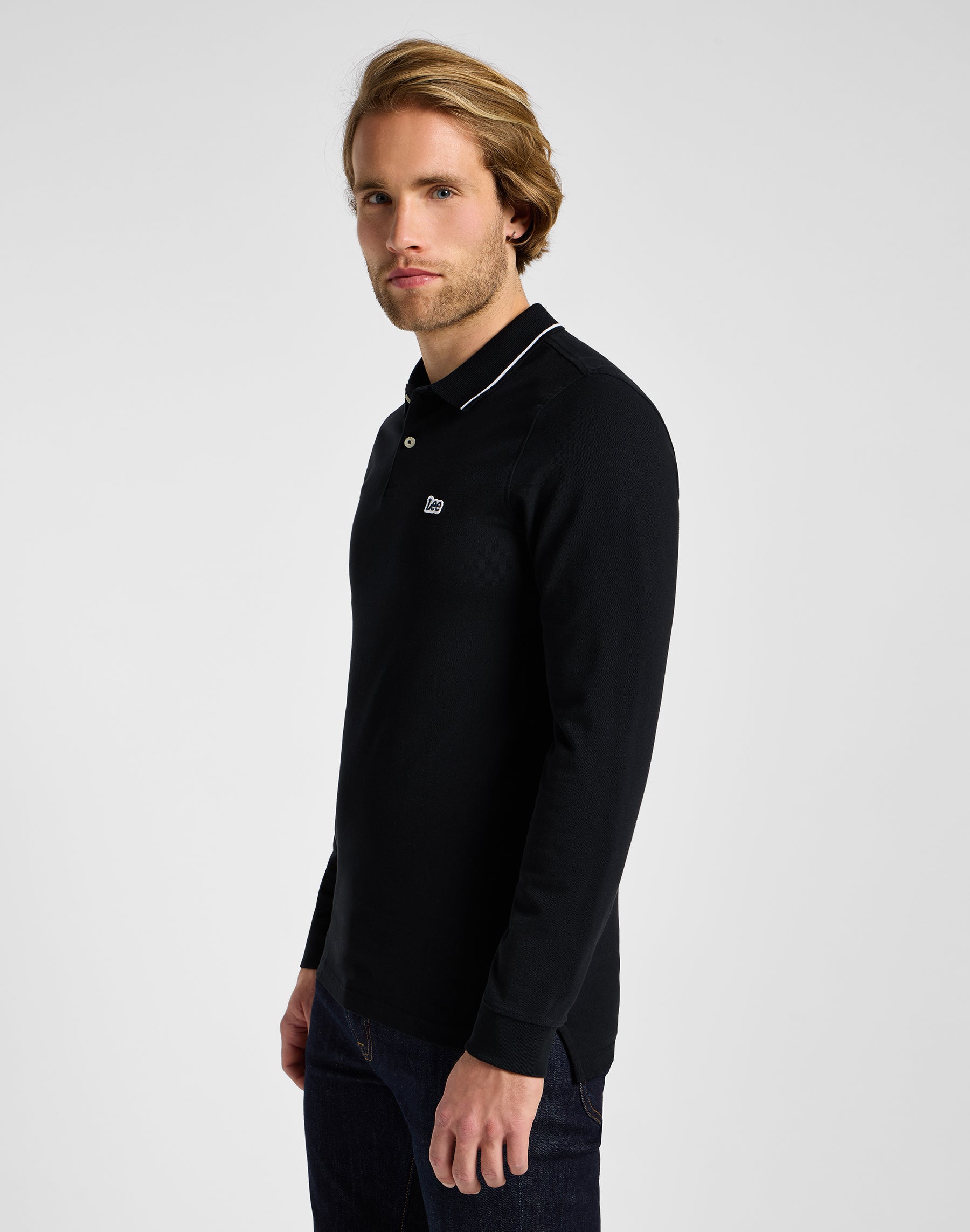 Langarm Pique Polo in Black Black T-Shirts Lee