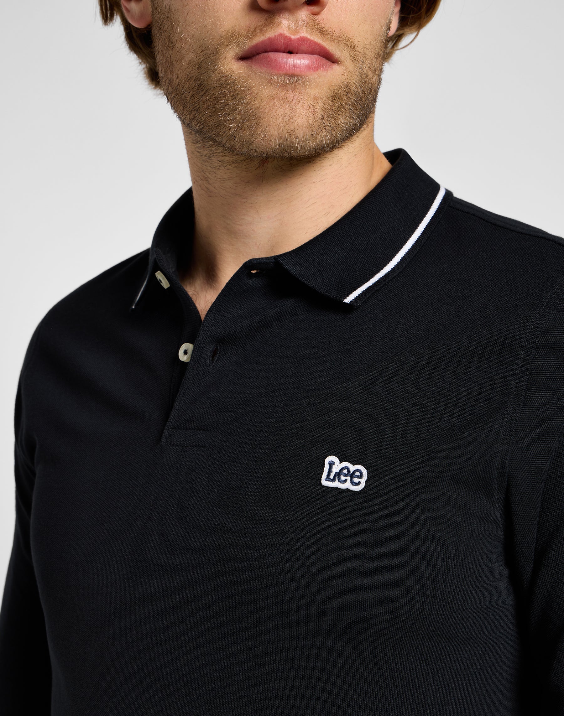 Langarm Pique Polo in Black Black T-Shirts Lee
