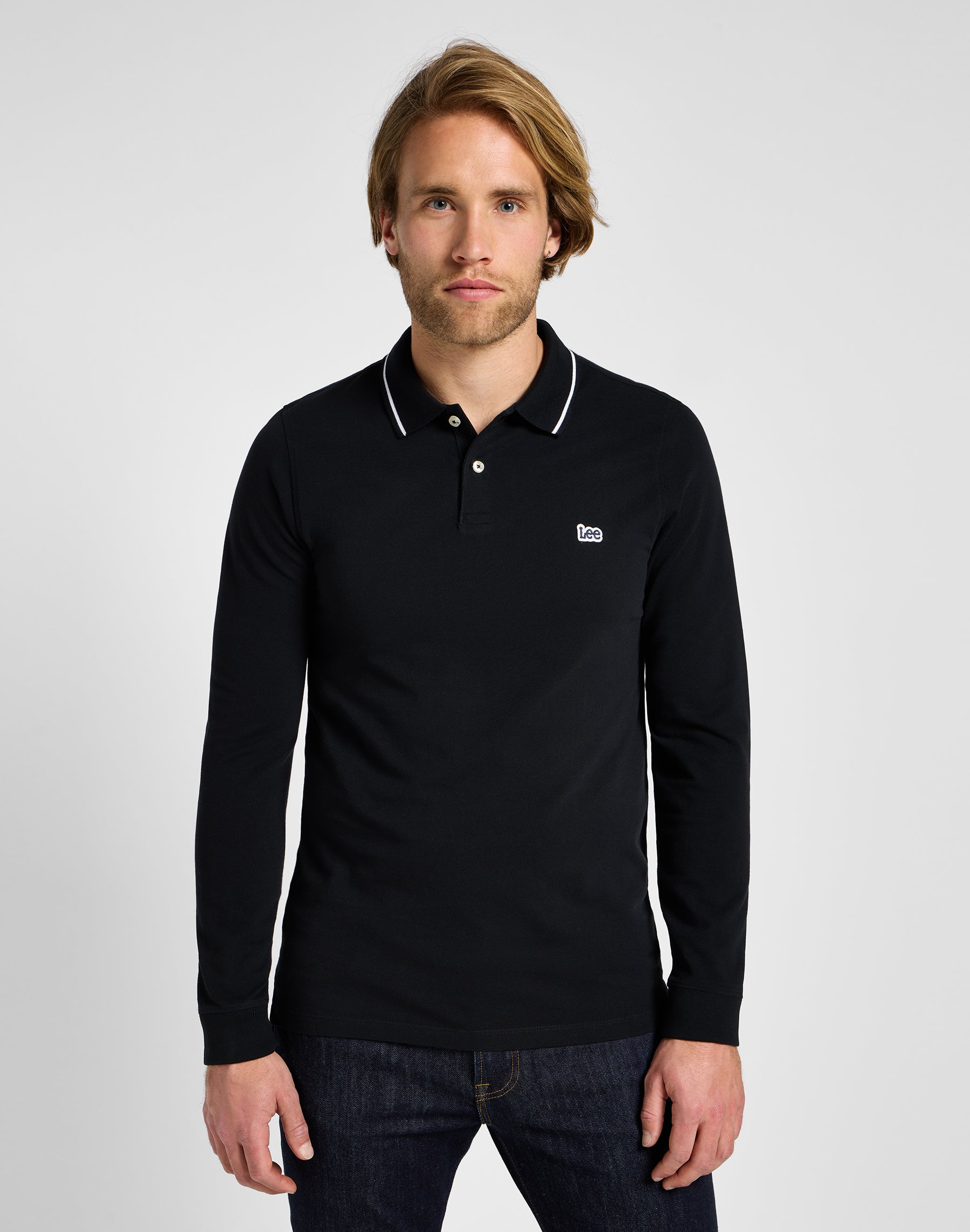 Langarm Pique Polo in Black Black T-Shirts Lee