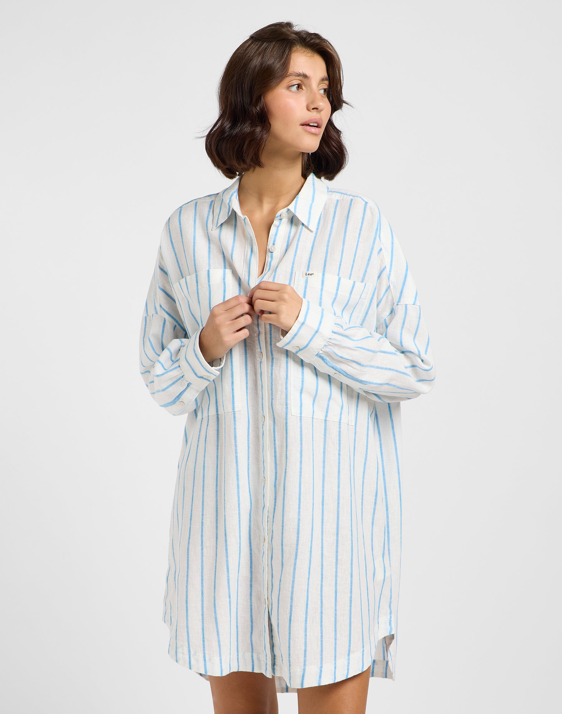 Relaxed Shirt Dress in Stream Blue Stripe Kleider Lee