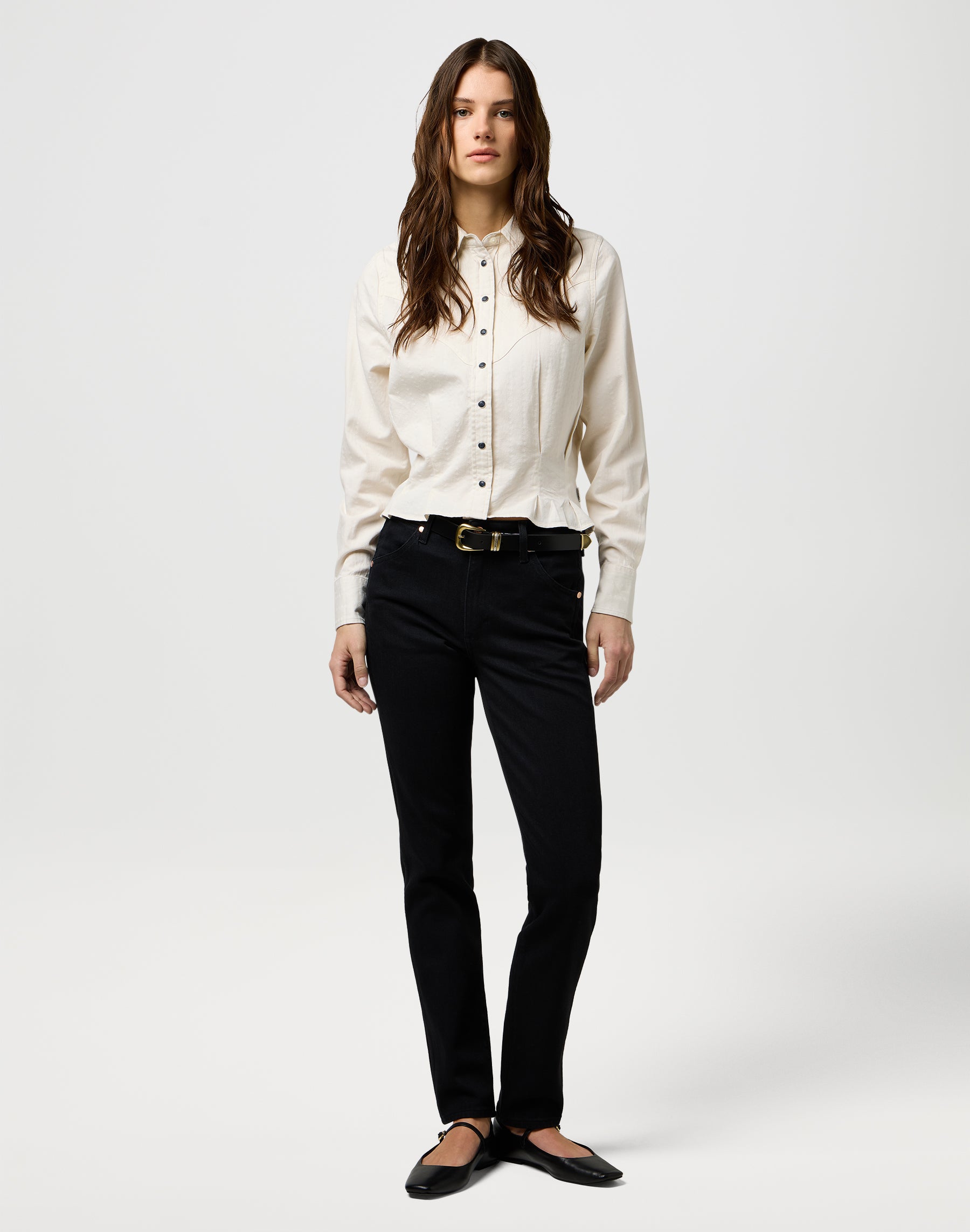 Femme Peplum Shirt in Pinstar White Hemden Wrangler