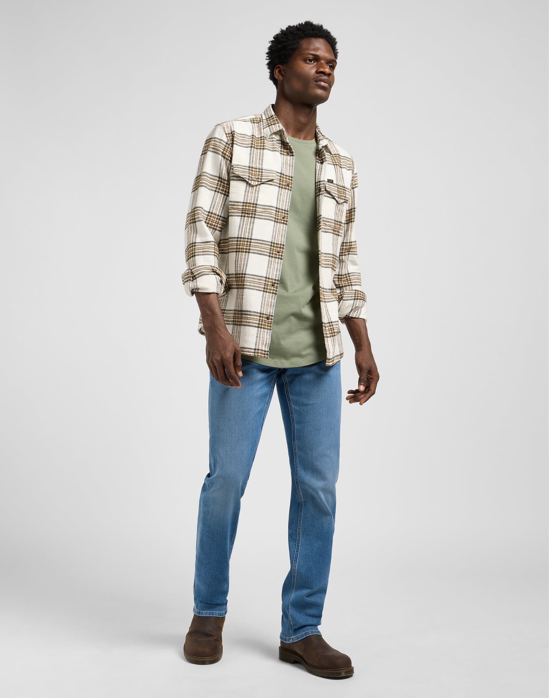 Clean Western Shirt in Ecru Ochre Plaid Hemden Lee