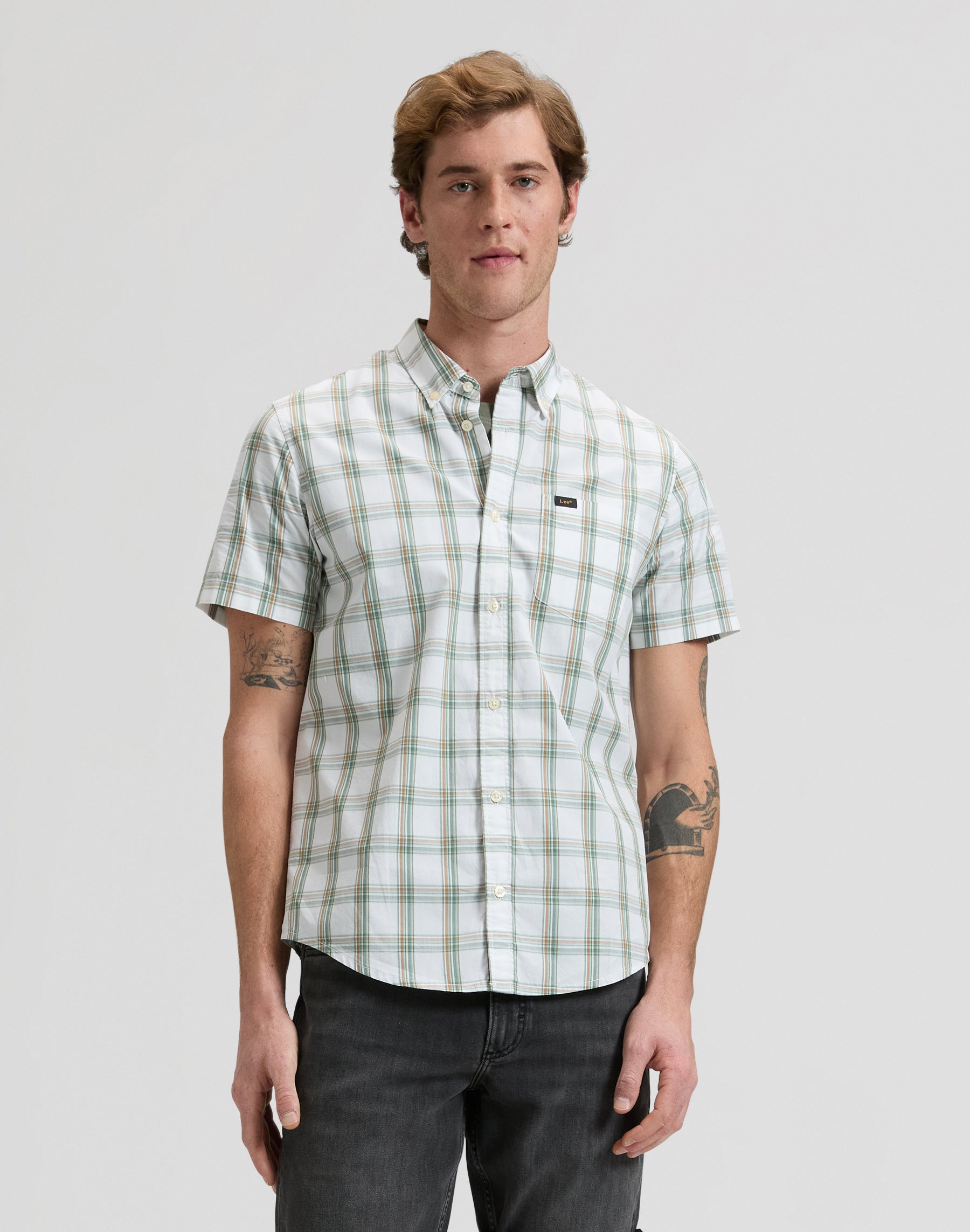 Lee Button Down Shortsleeve in Desert Sage Safari Plaid Hemden Lee