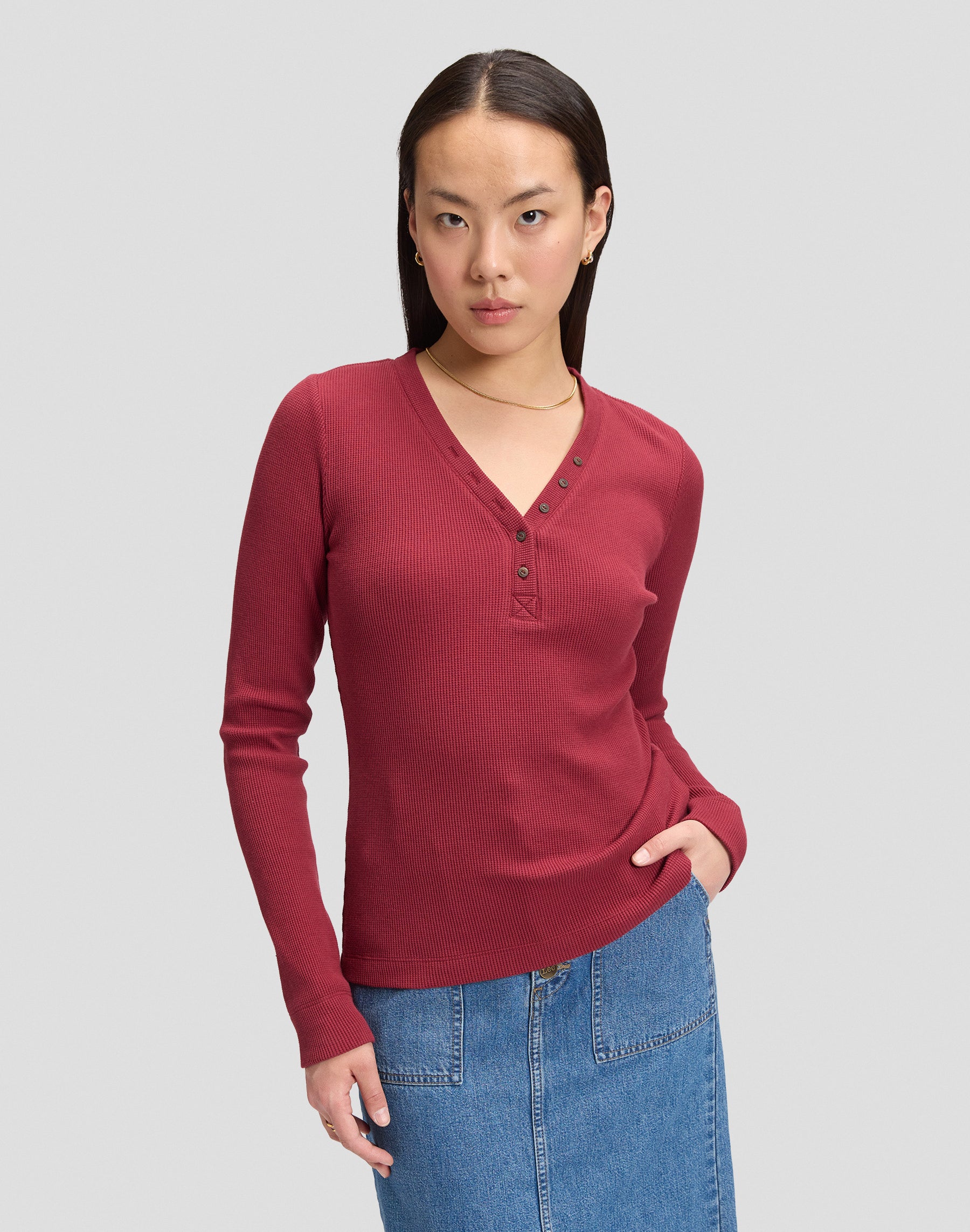 Langarmshirt Waffle Henley in Tibetan Red T-Shirts Lee
