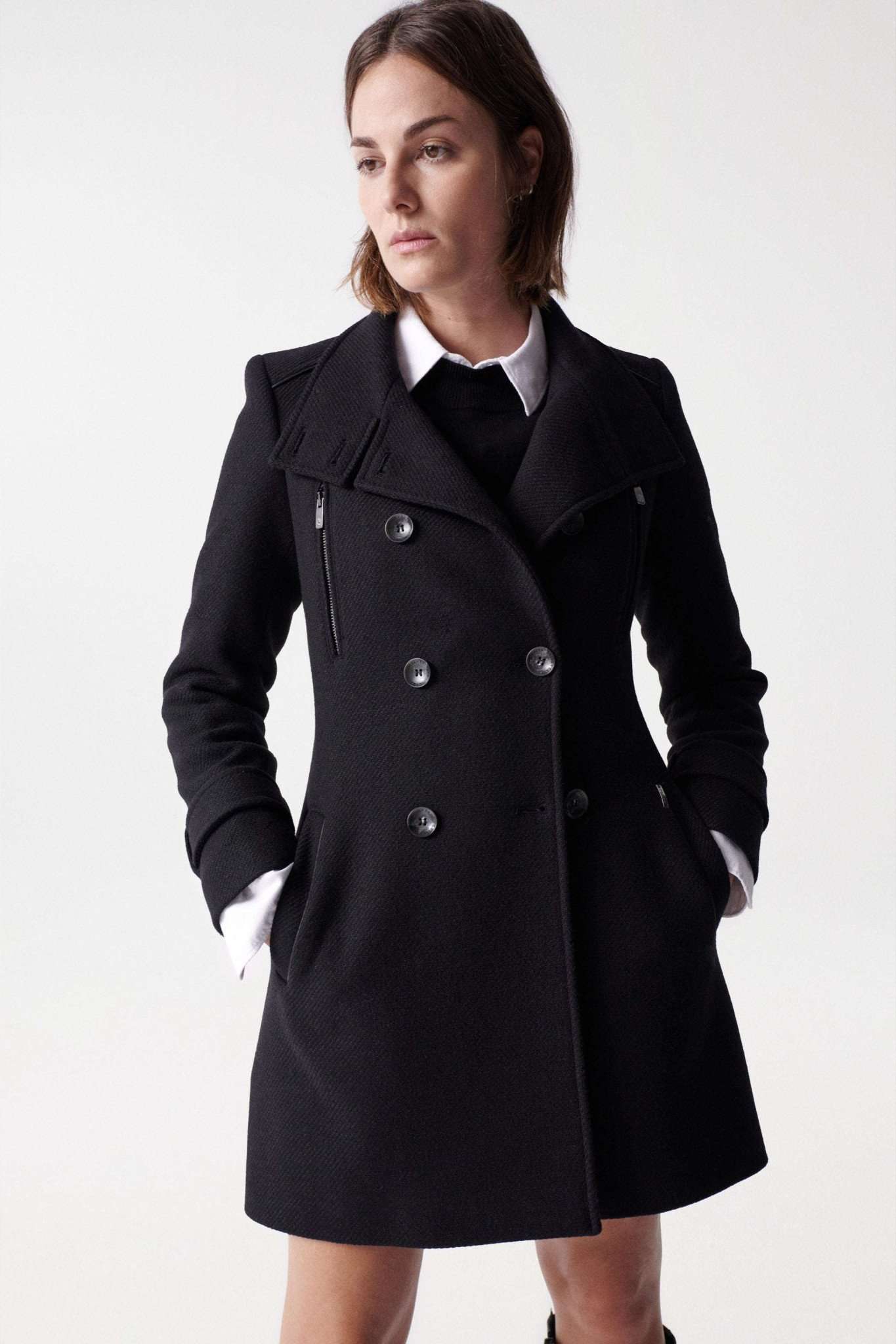 Grace Long Woolen Coat in Black Jacken Salsa Jeans   