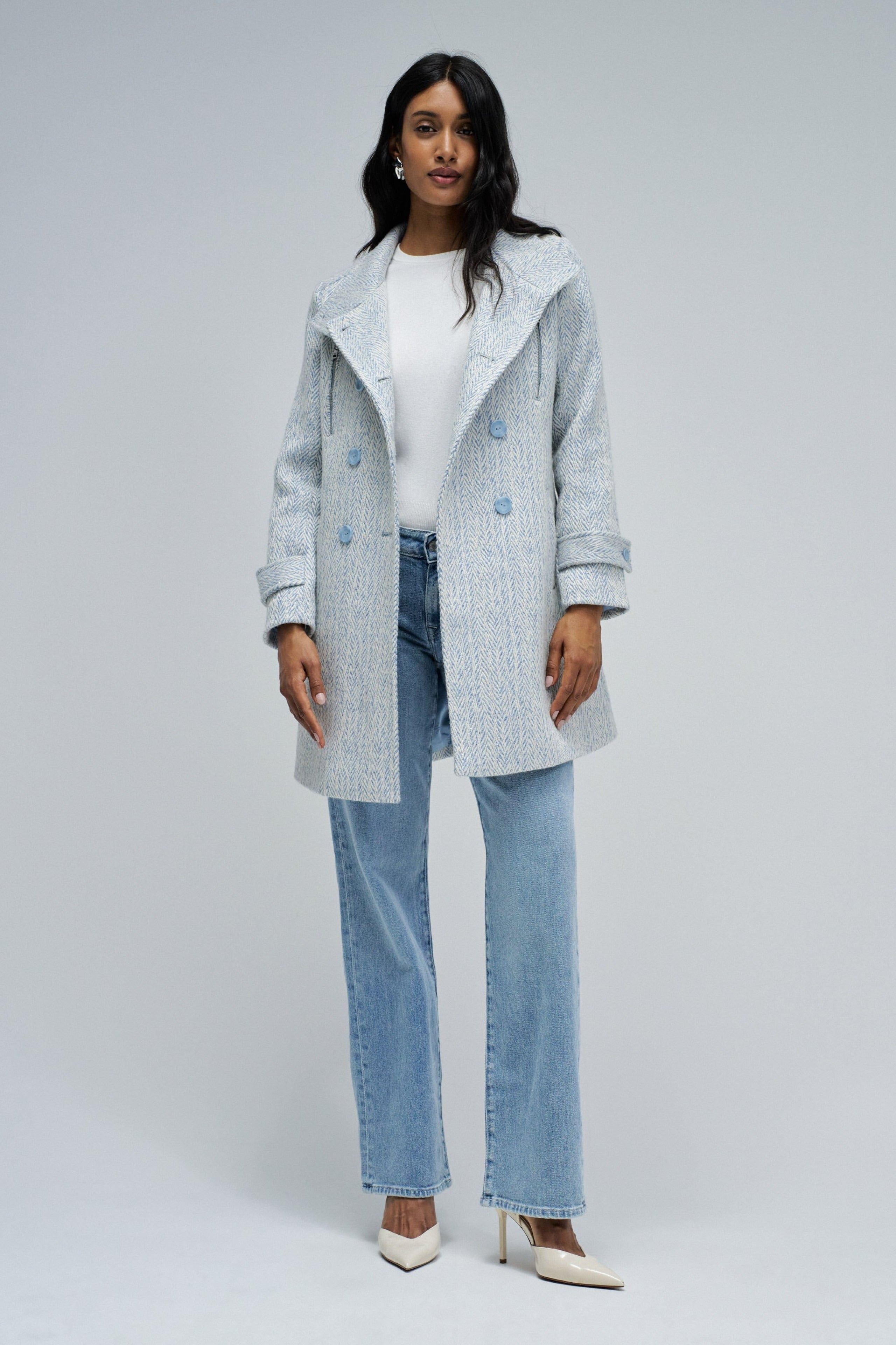Grace Long Woolen Coat in Light Blue V1