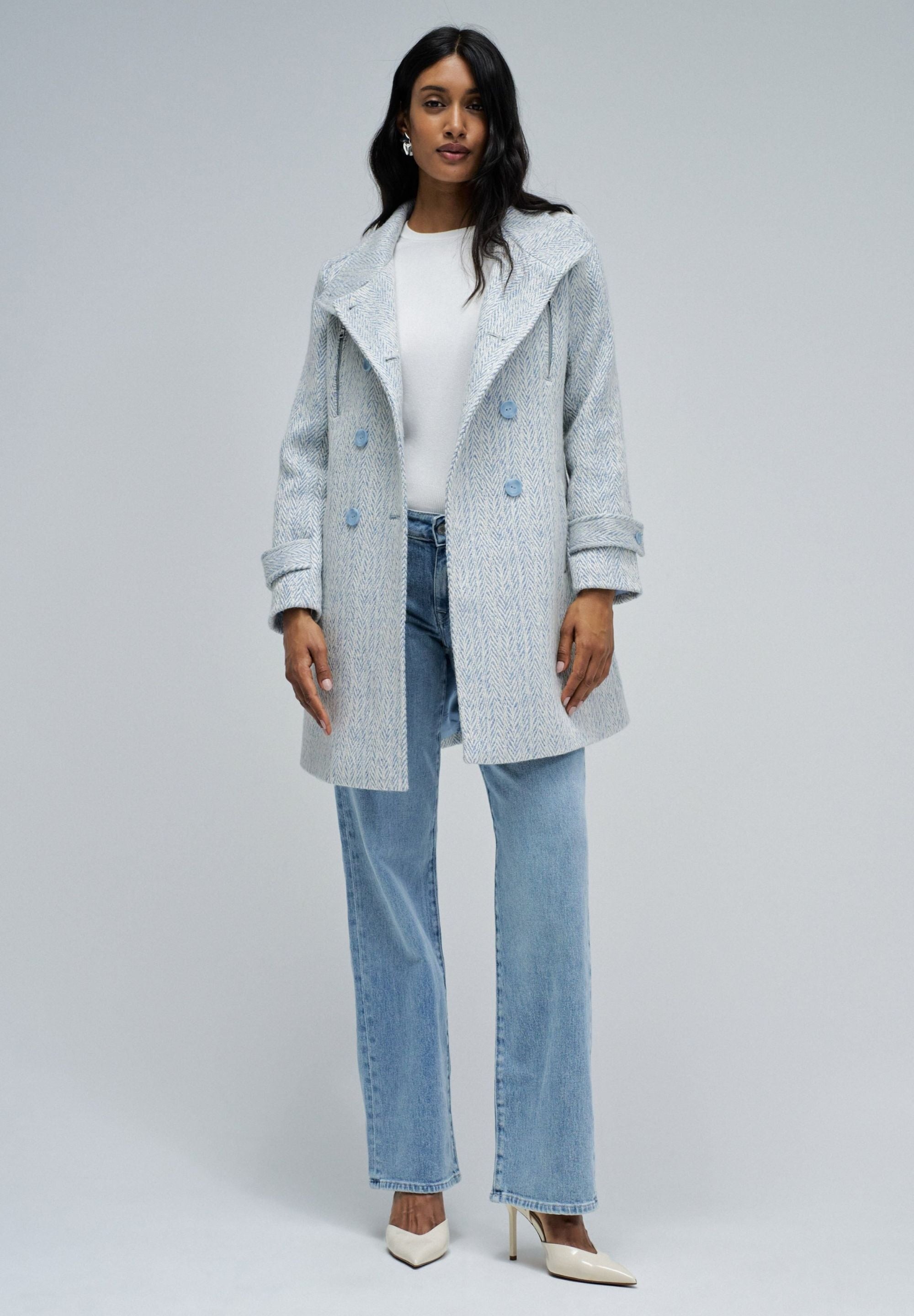 Grace Long Woolen Coat in Light Blue V1