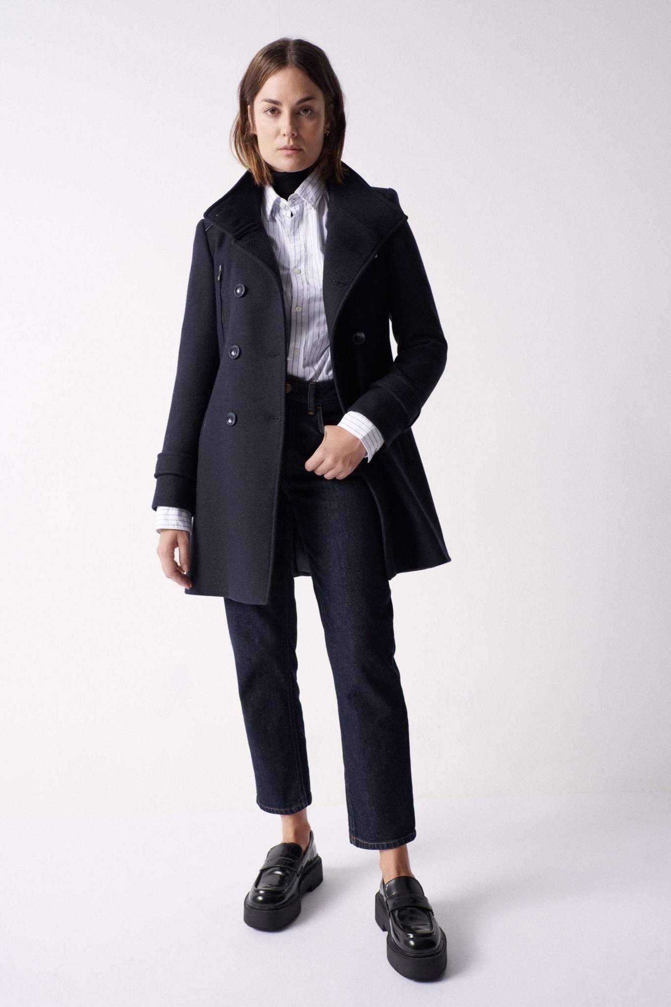 Grace Long Woolen Coat in Dark Blue Jacken Salsa Jeans