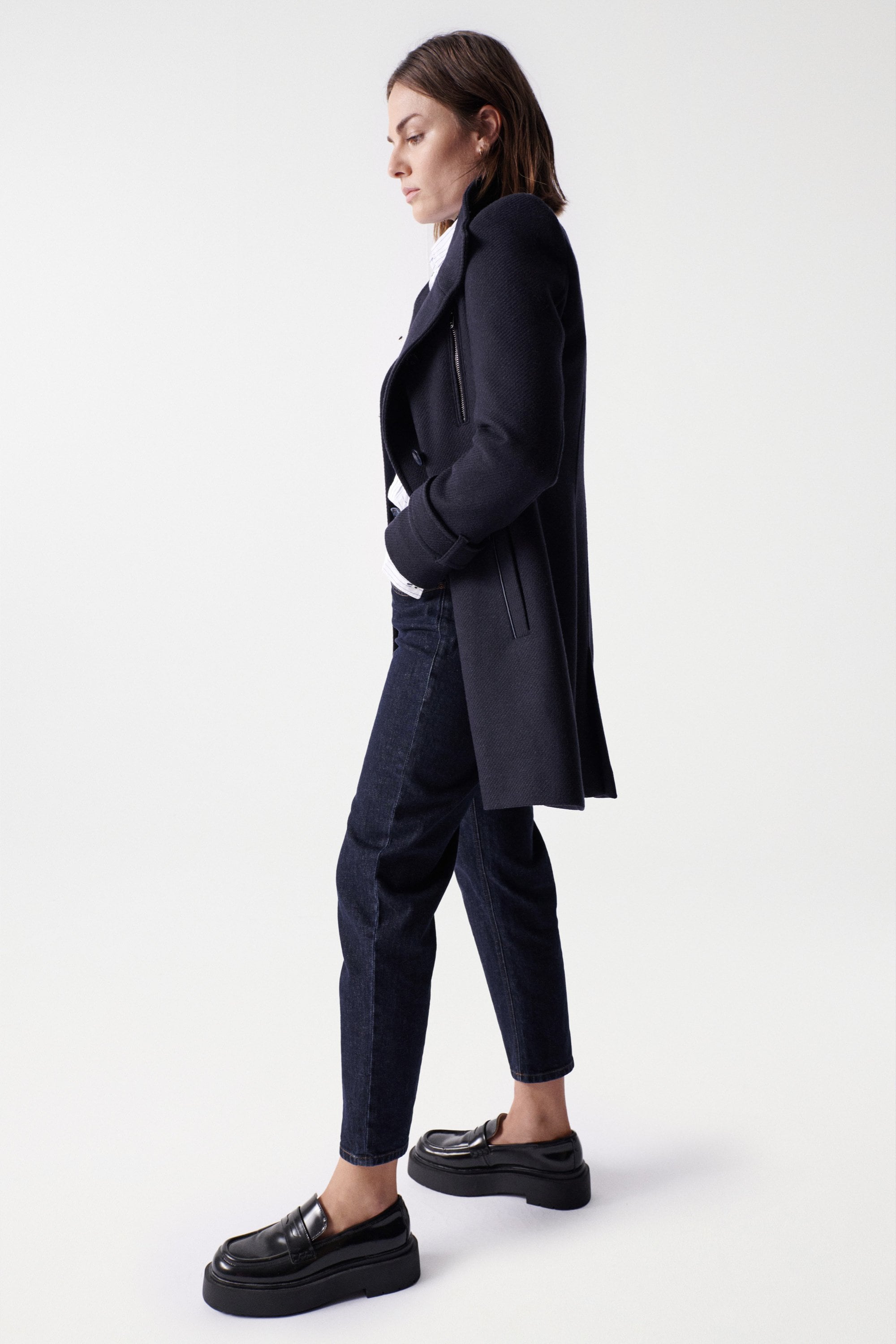 Grace Long Woolen Coat in Dark Blue Jacken Salsa Jeans