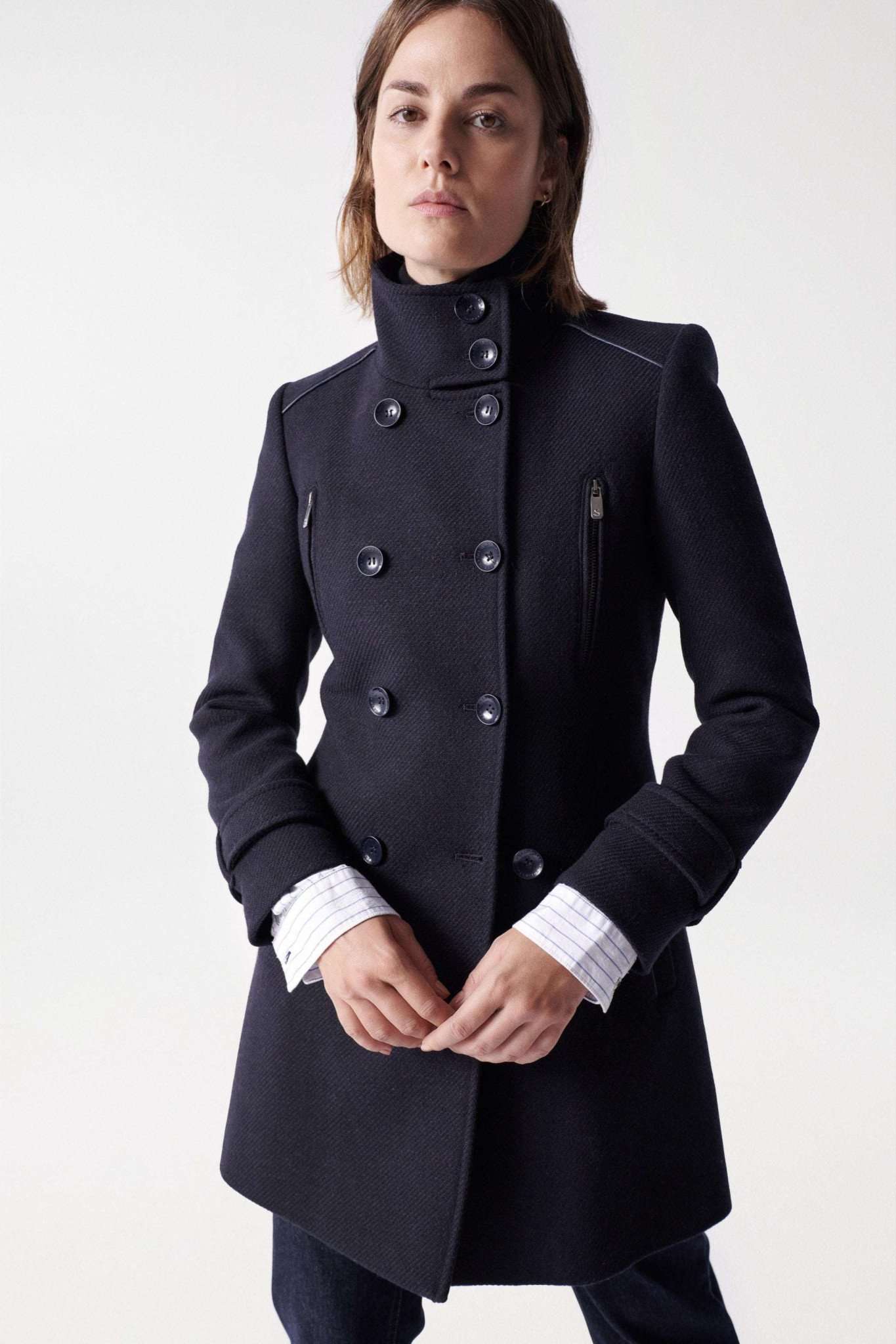 Grace Long Woolen Coat in Dark Blue Jacken Salsa Jeans