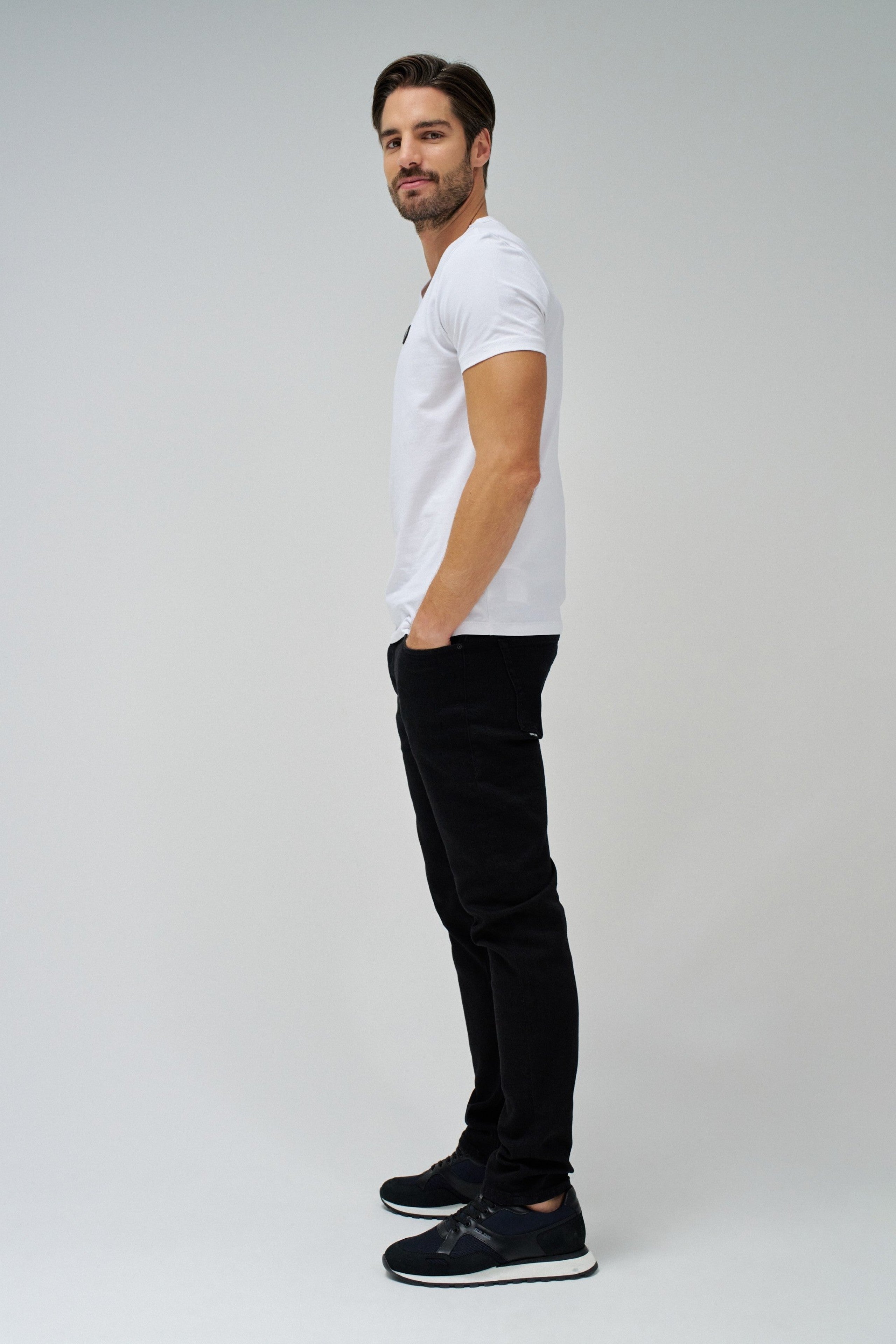 Vneck Cotton Lycra T-Shirt Metal Badge in White T-Shirts Salsa Jeans