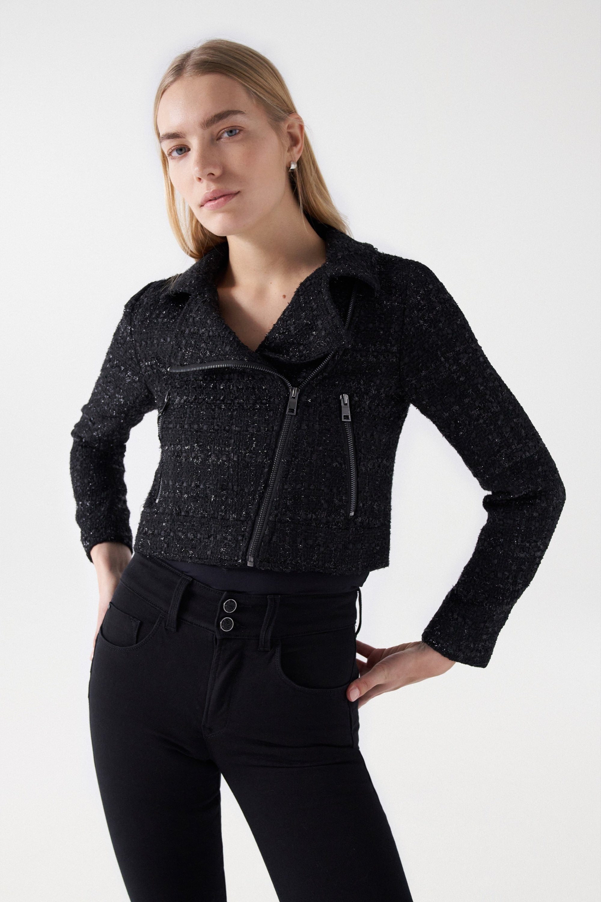 Tweed Biker Style Jacket in Black Jacken Salsa Jeans   
