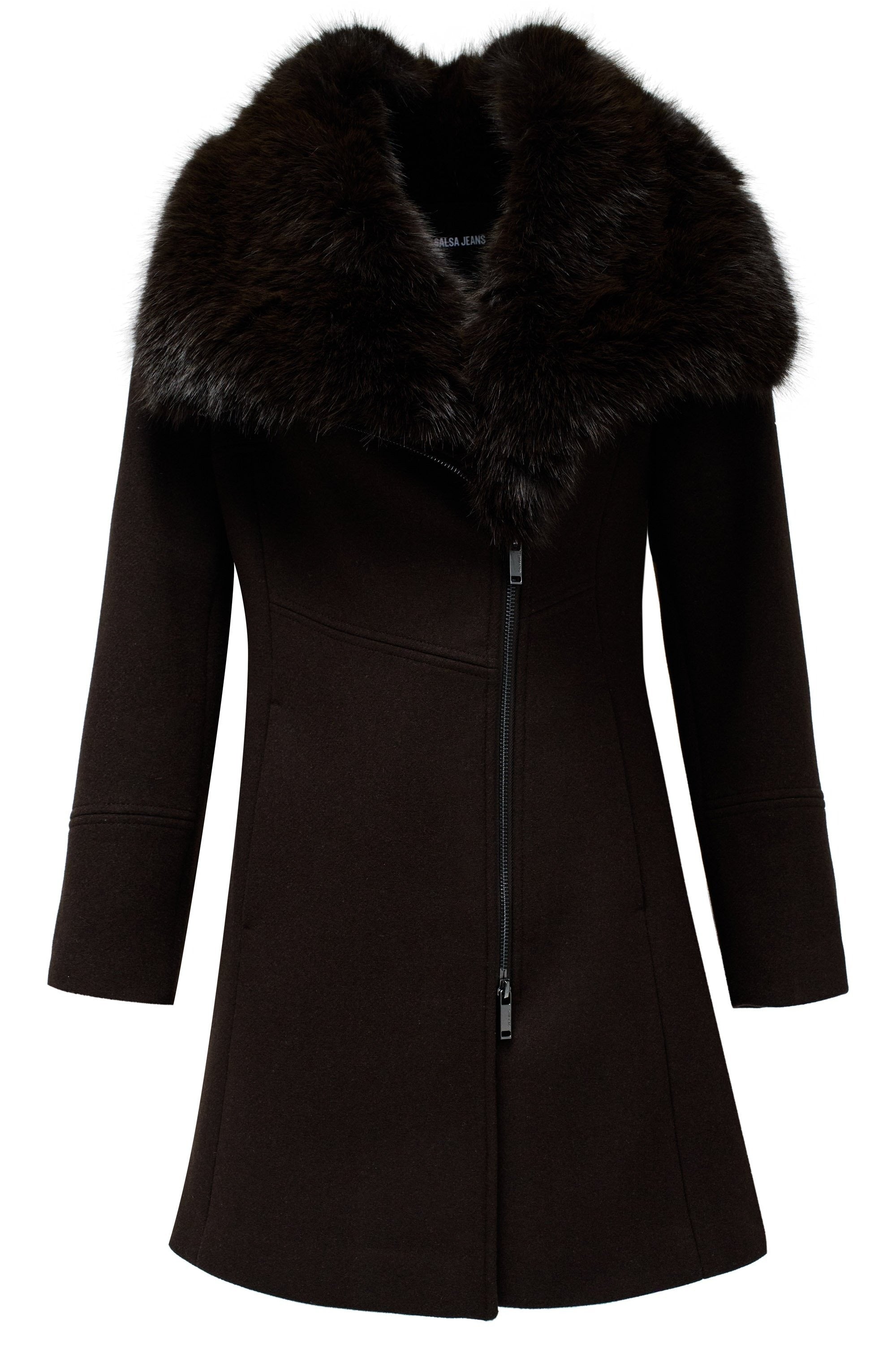 Wool Coat With Fur Collar in Dark Brown Jacken Salsa Jeans