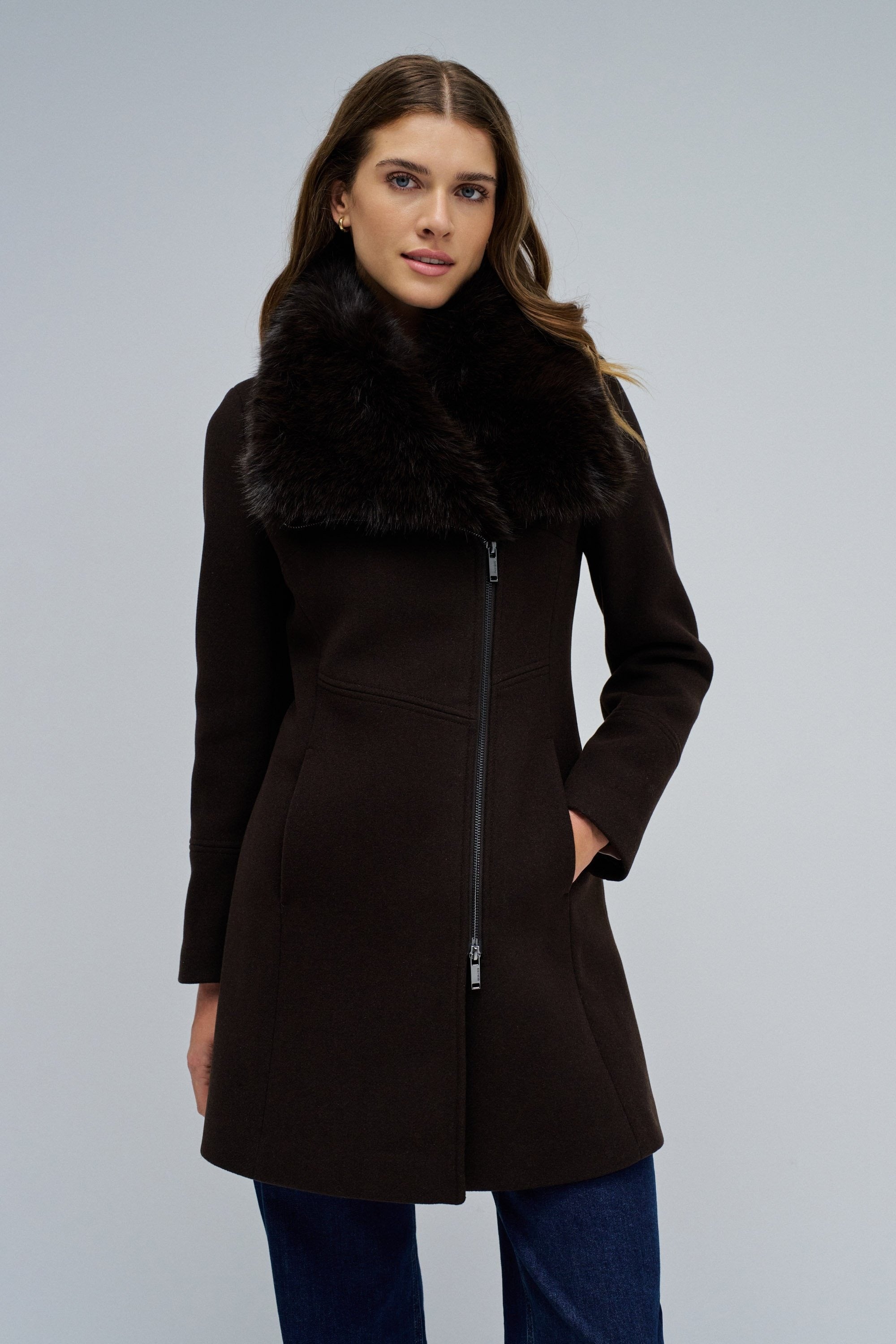 Wool Coat With Fur Collar in Dark Brown Jacken Salsa Jeans