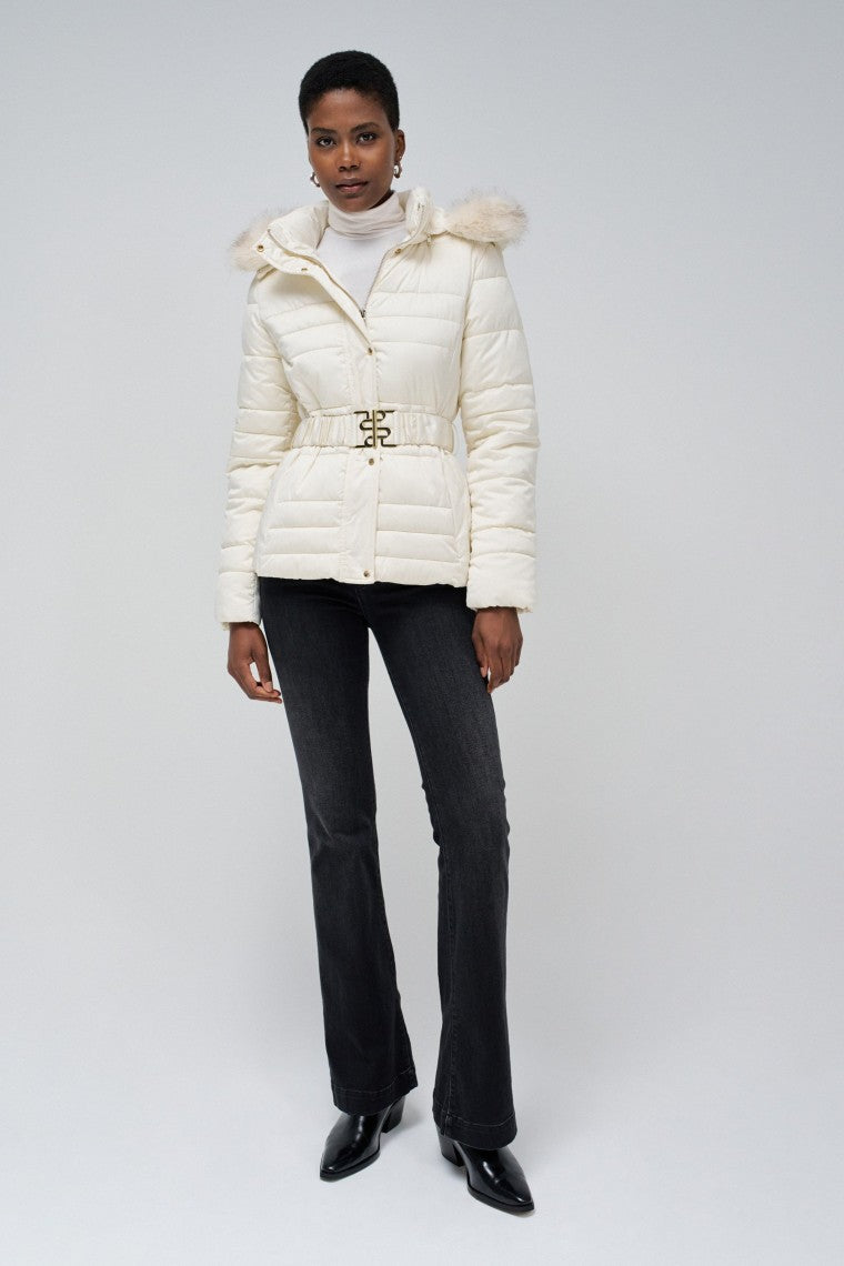 Short Puffer Coat With Fur Hood in Light Beige Jacken Salsa Jeans