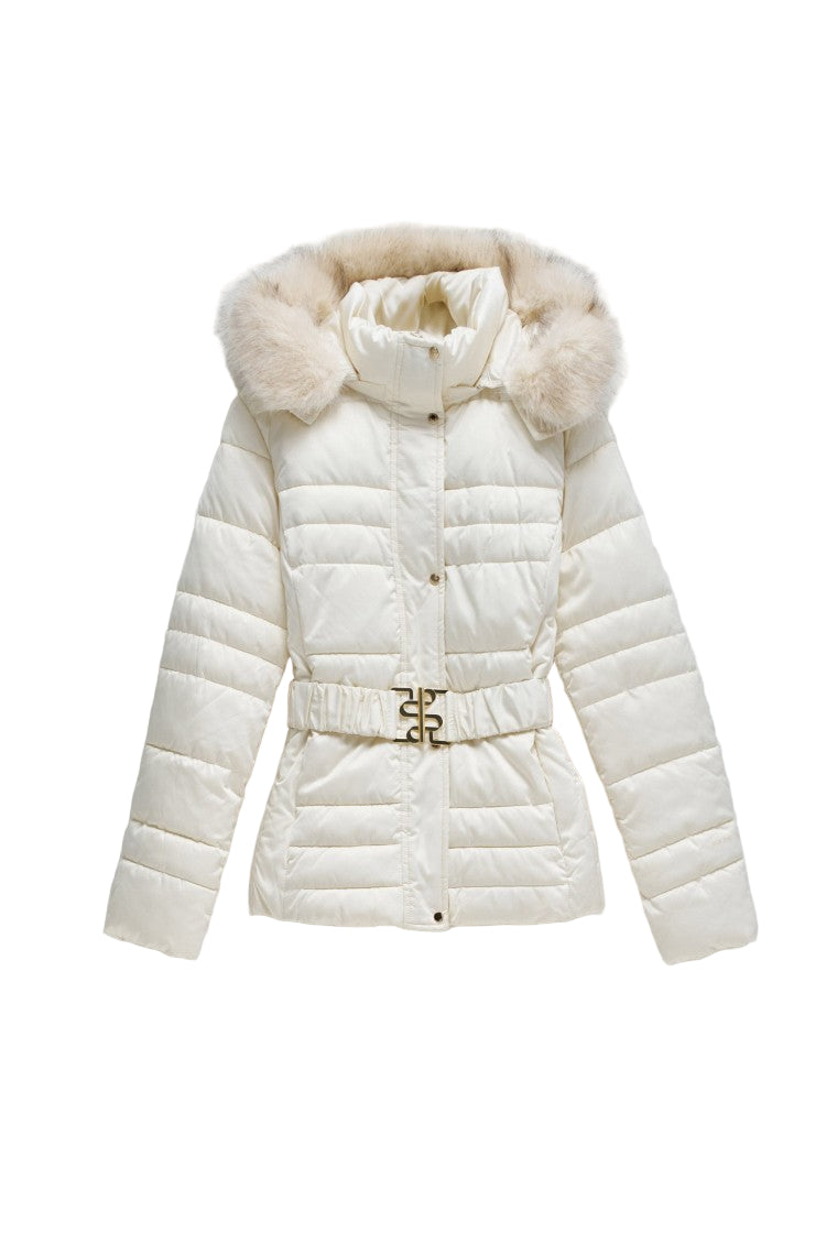 Short Puffer Coat With Fur Hood in Light Beige Jacken Salsa Jeans