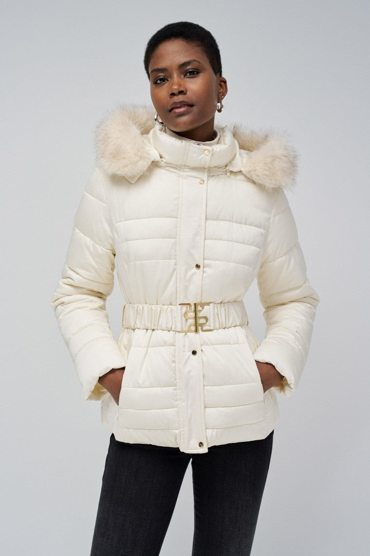 Short Puffer Coat With Fur Hood in Light Beige Jacken Salsa Jeans