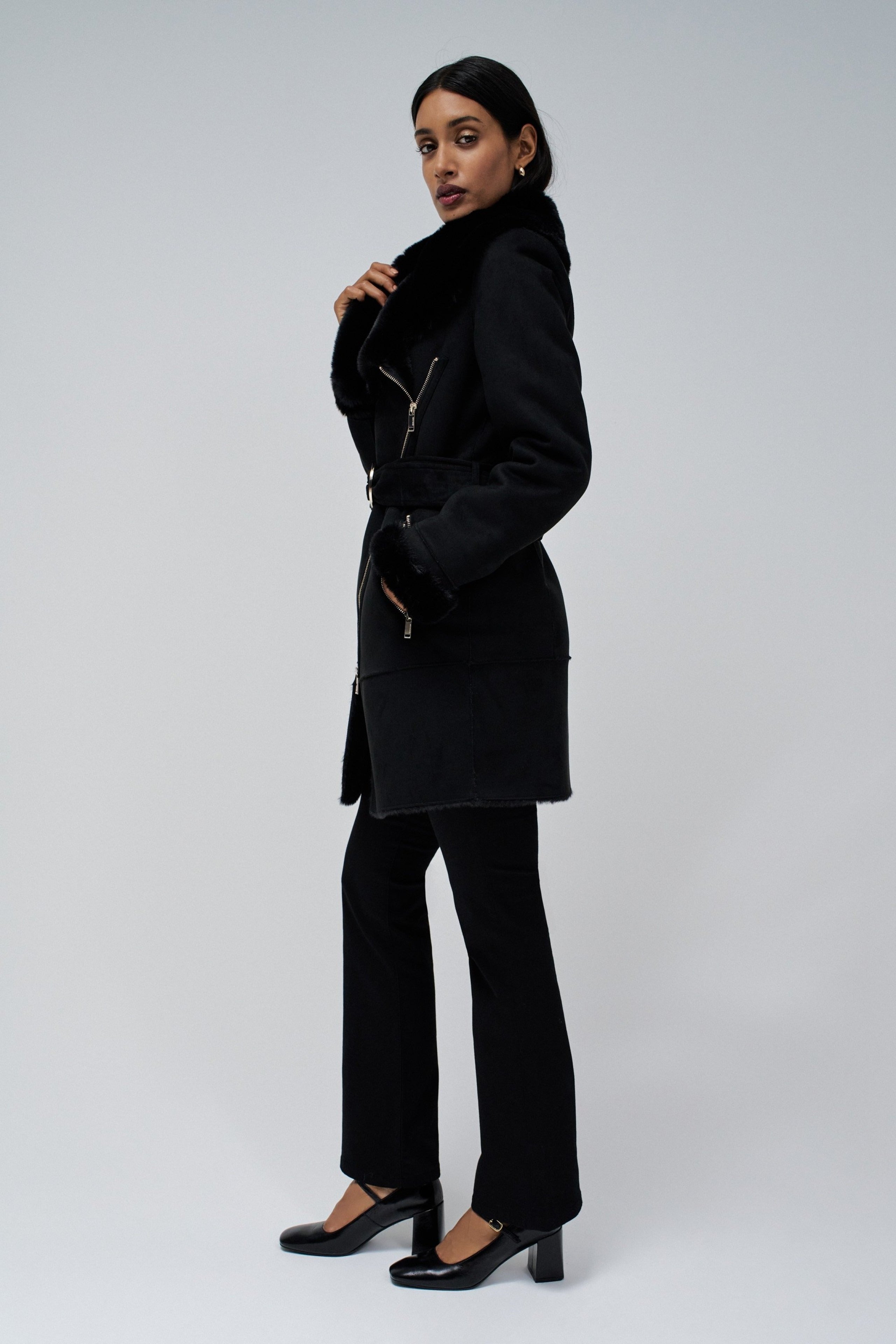 Long Shearling Coat in Black