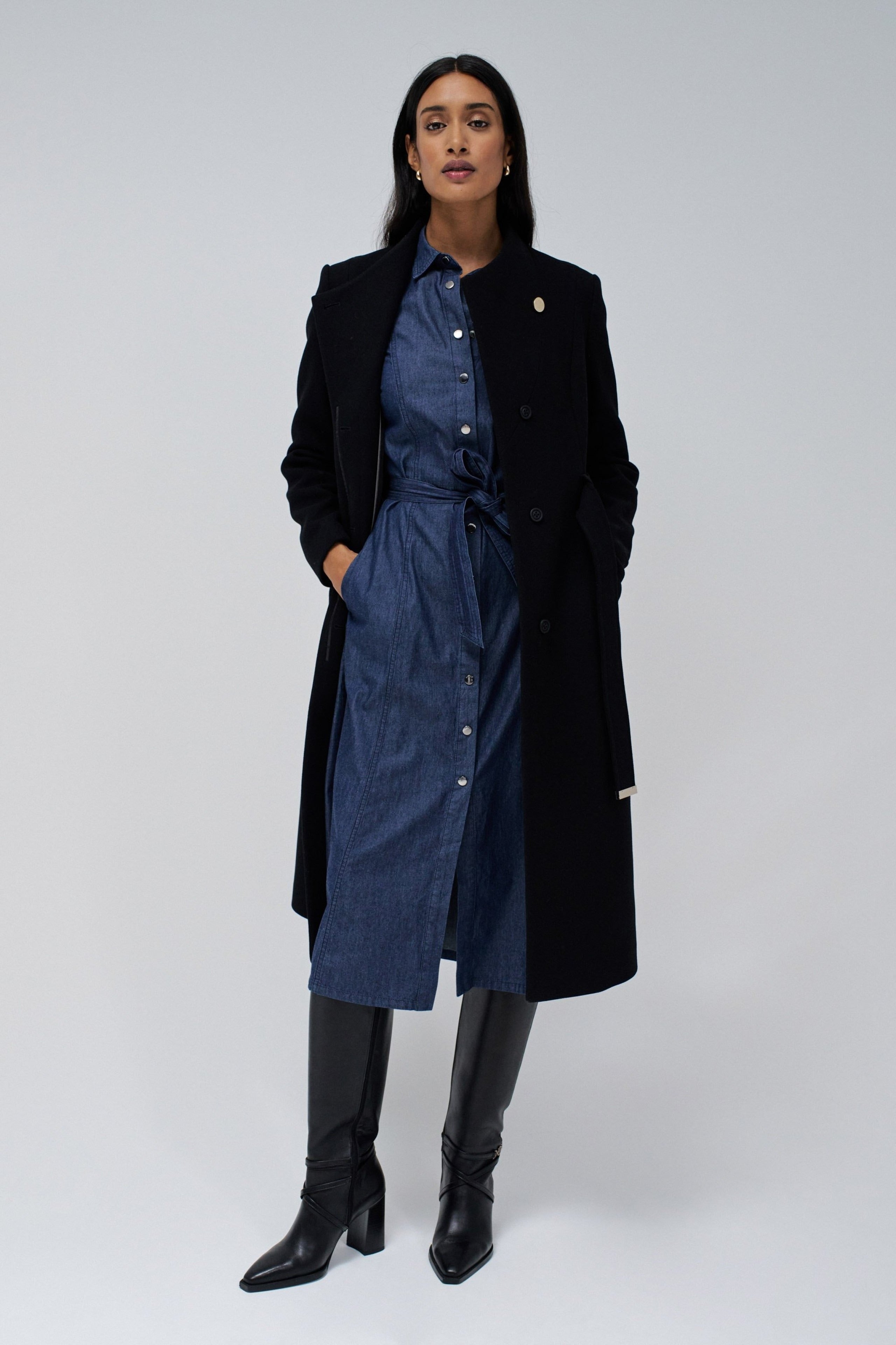 Long Wool Peacoat With Belt in Black Jacken Salsa Jeans