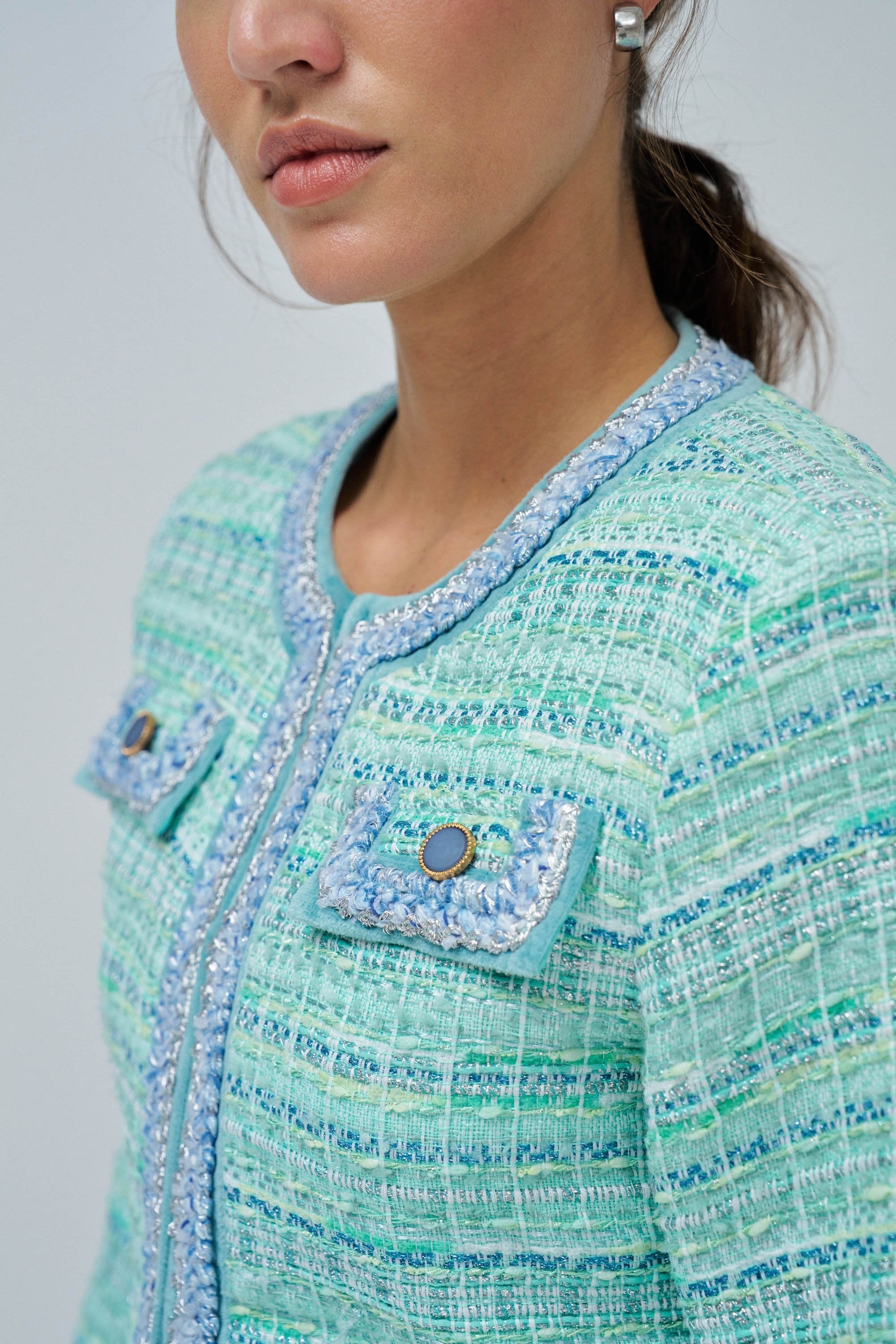 Colorful Tweed Chanel-Style Jacket in Light Green Jacken Salsa Jeans