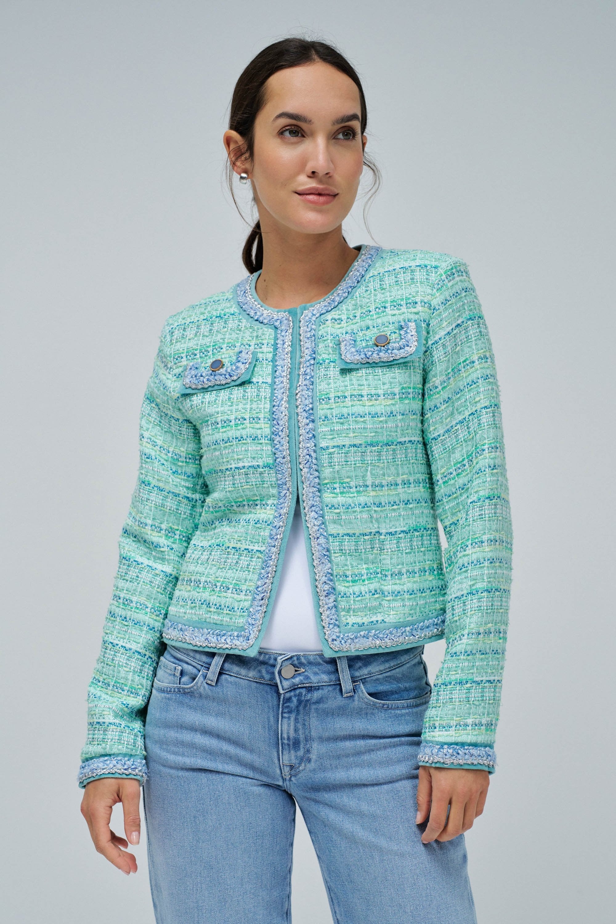 Colorful Tweed Chanel-Style Jacket in Light Green Jacken Salsa Jeans