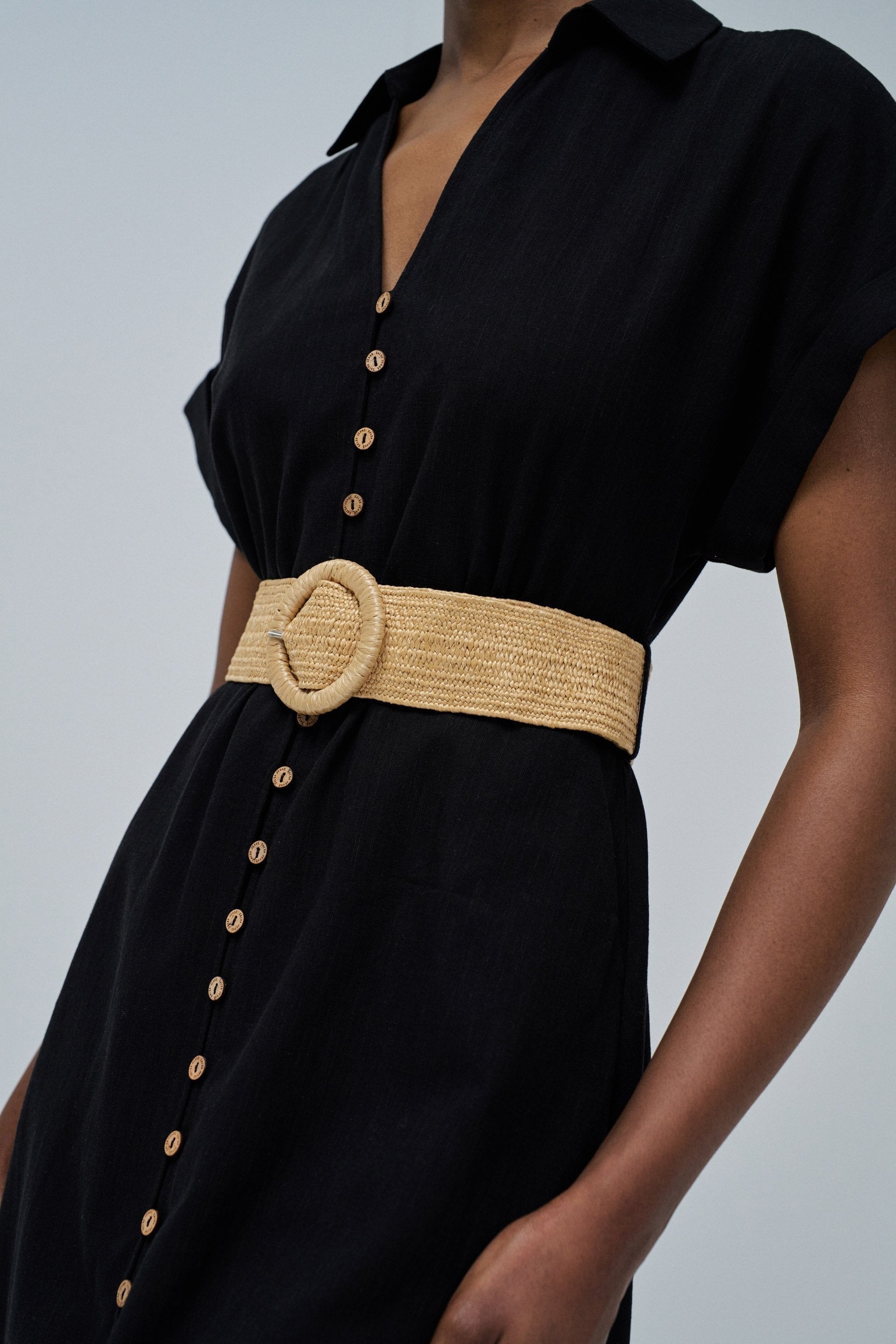 Linen Shirt Dress With Front Buttoned Belt in Black
