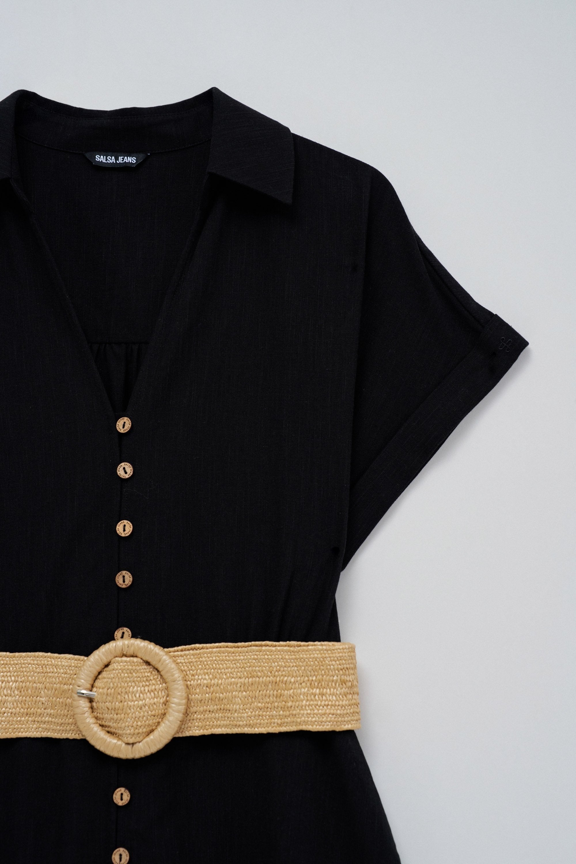 Linen Shirt Dress With Front Buttoned Belt in Black