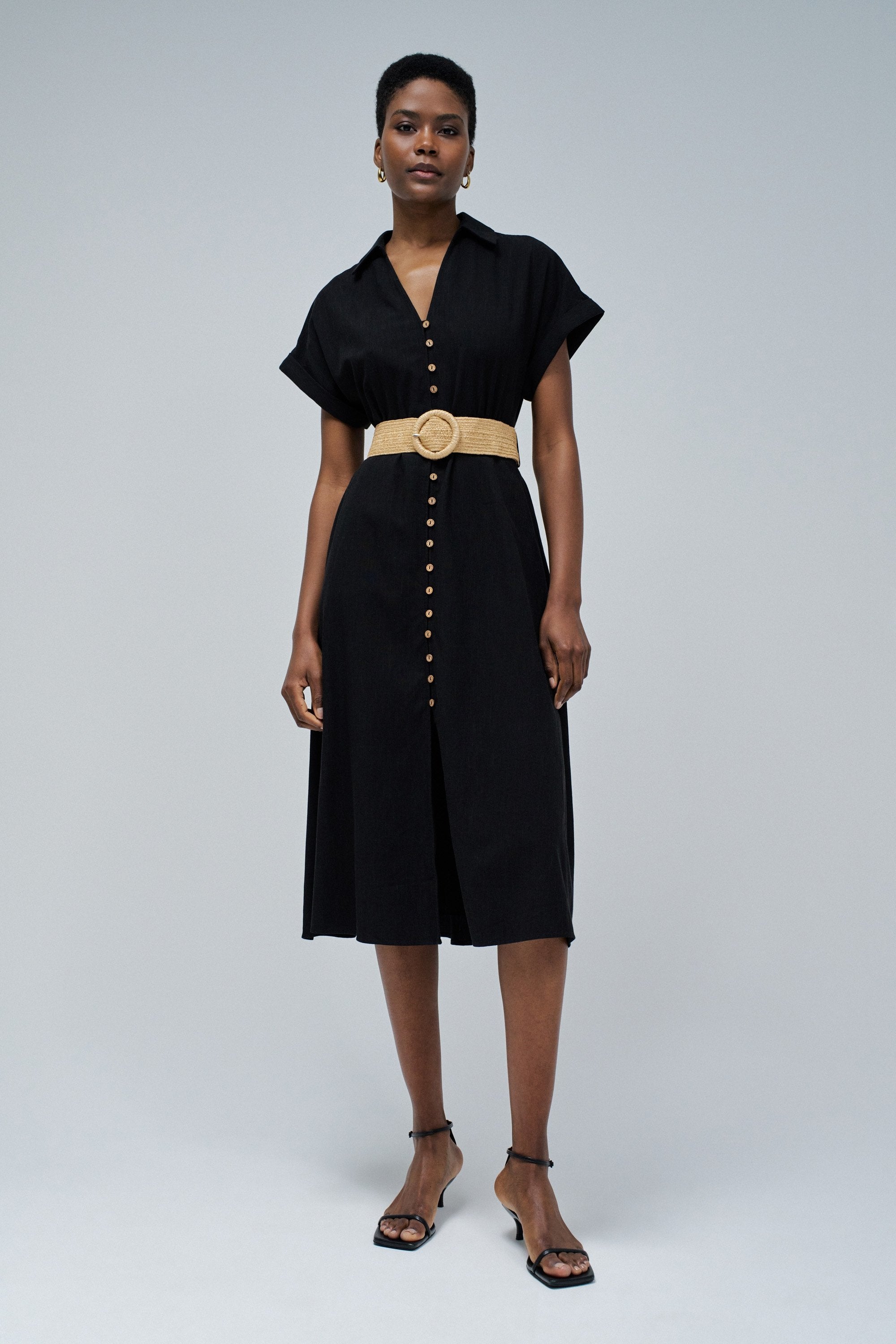 Linen Shirt Dress With Front Buttoned Belt in Black