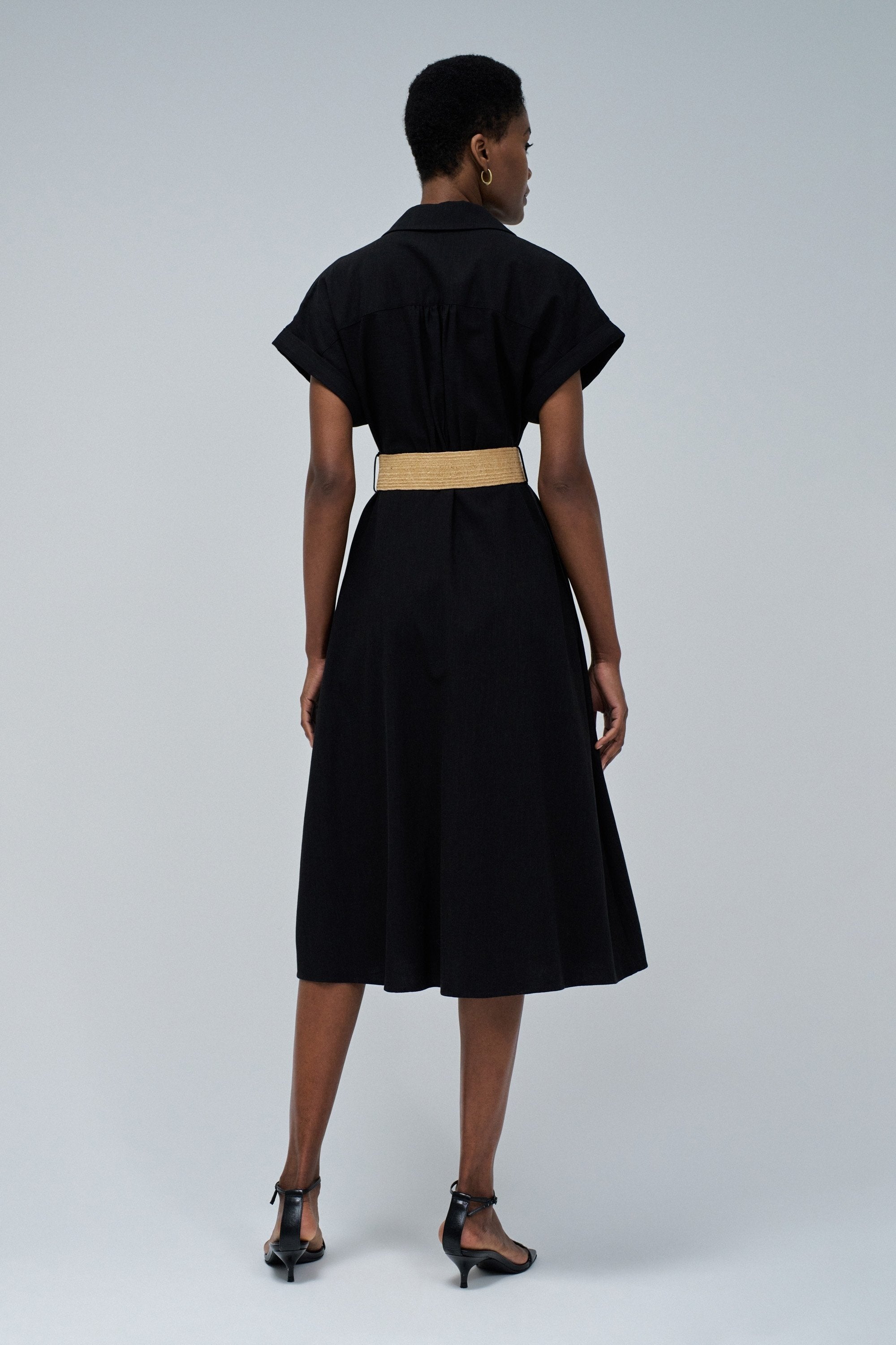 Linen Shirt Dress With Front Buttoned Belt in Black
