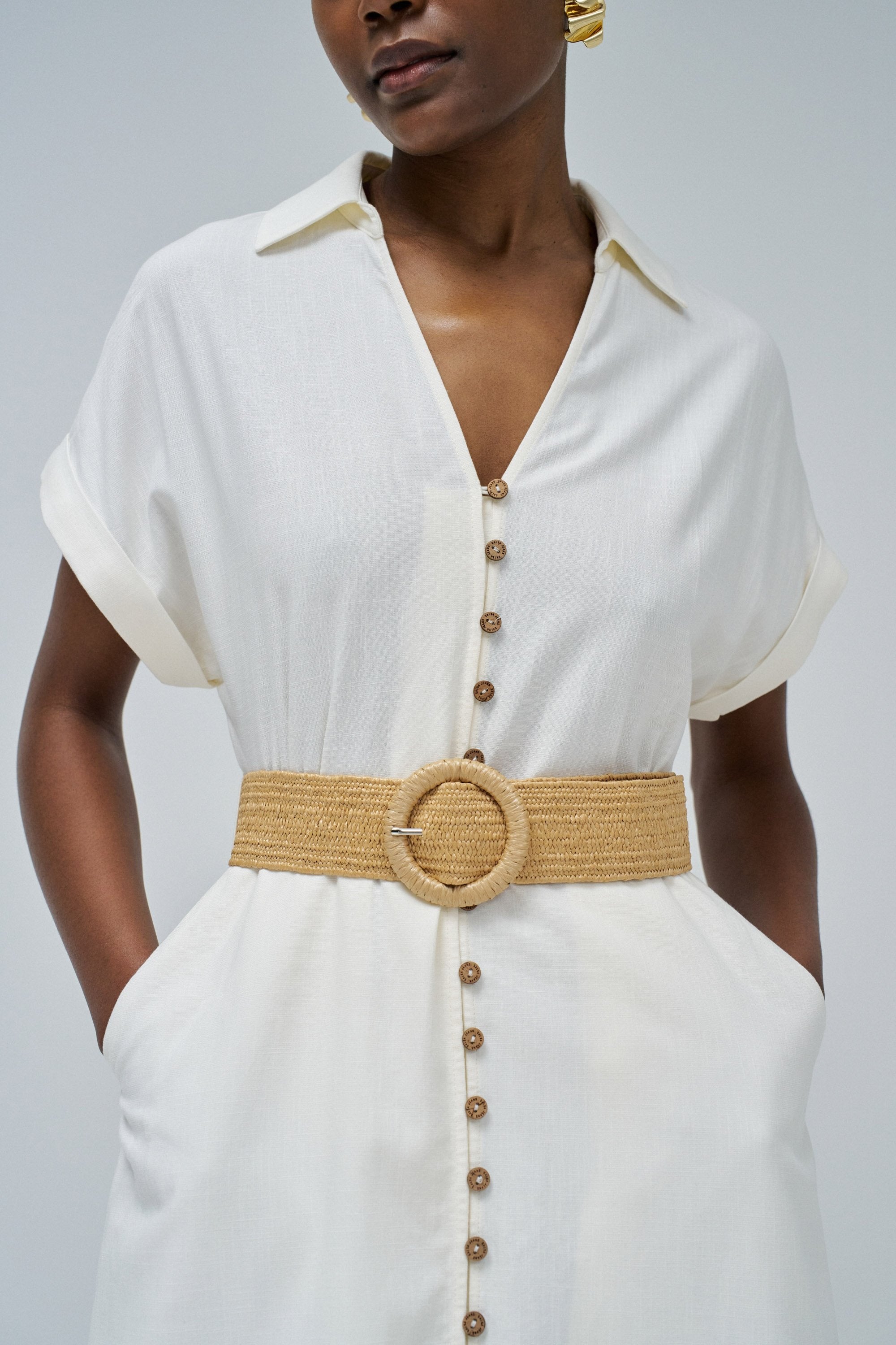 Linen Shirt Dress With Front Buttoned Belt in Light Pearl V1 Kleider Salsa Jeans