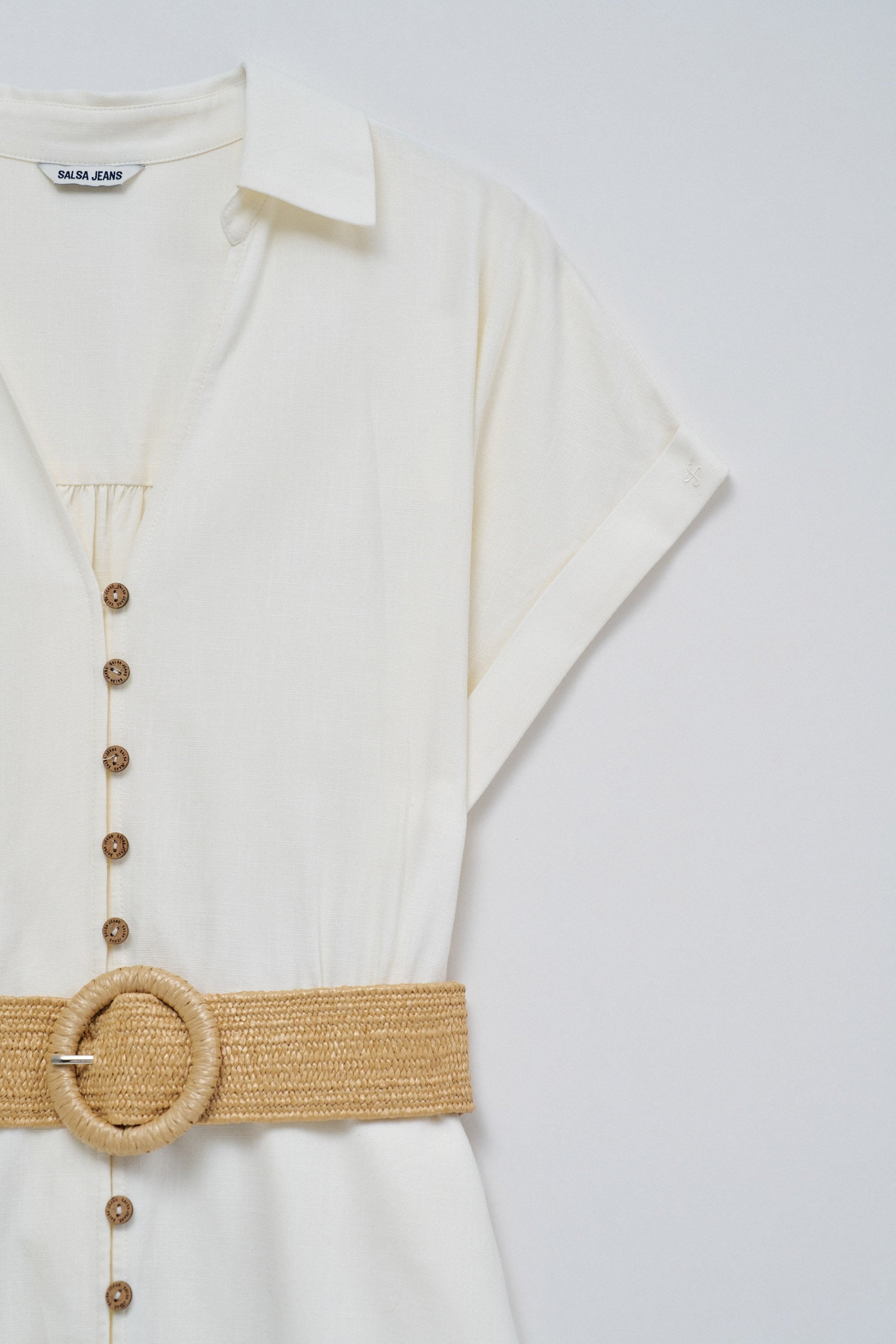 Linen Shirt Dress With Front Buttoned Belt in Light Pearl V1 Kleider Salsa Jeans
