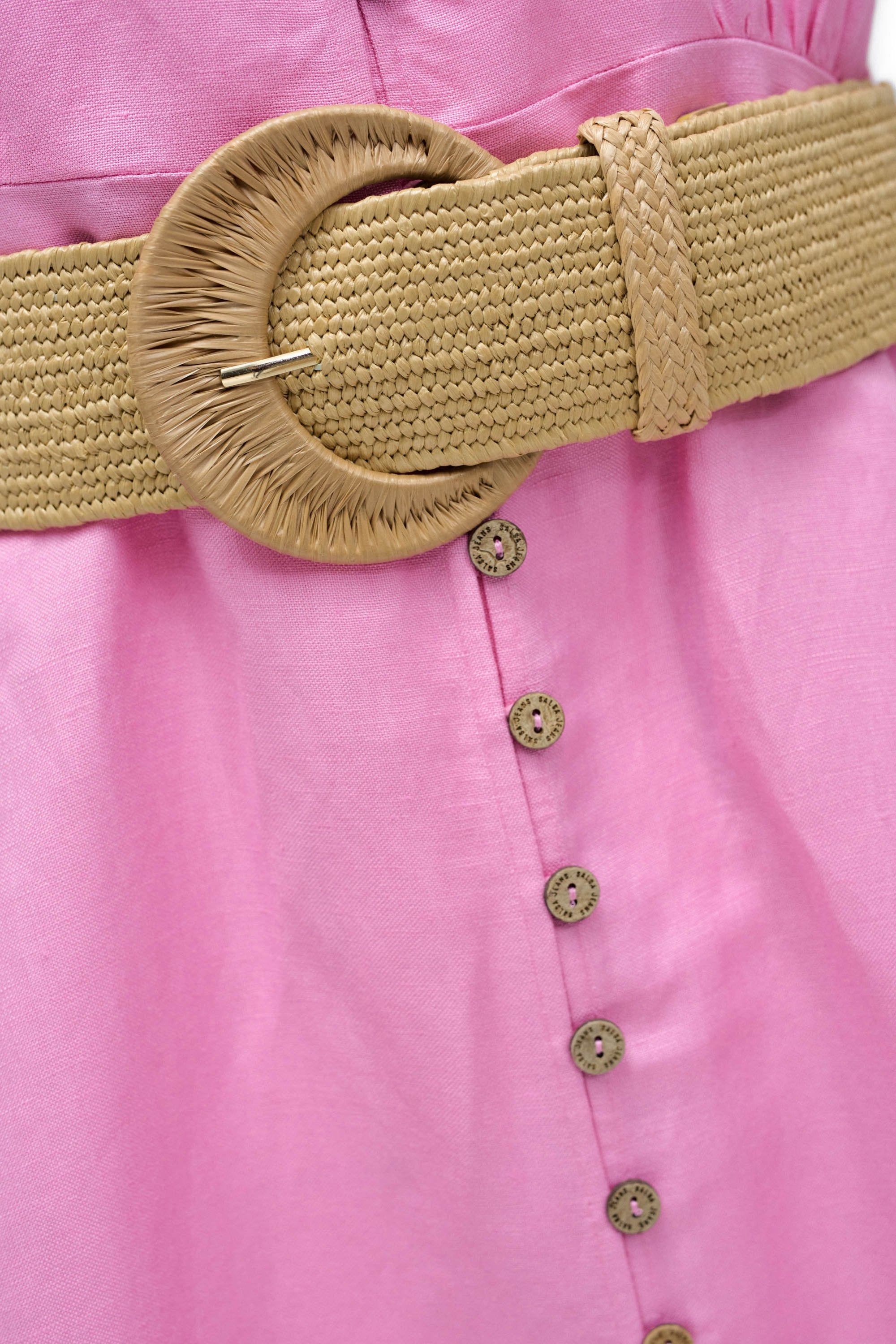 Linen Shirt Dress With Front Buttoned Belt in Medium Pink Kleider Salsa Jeans
