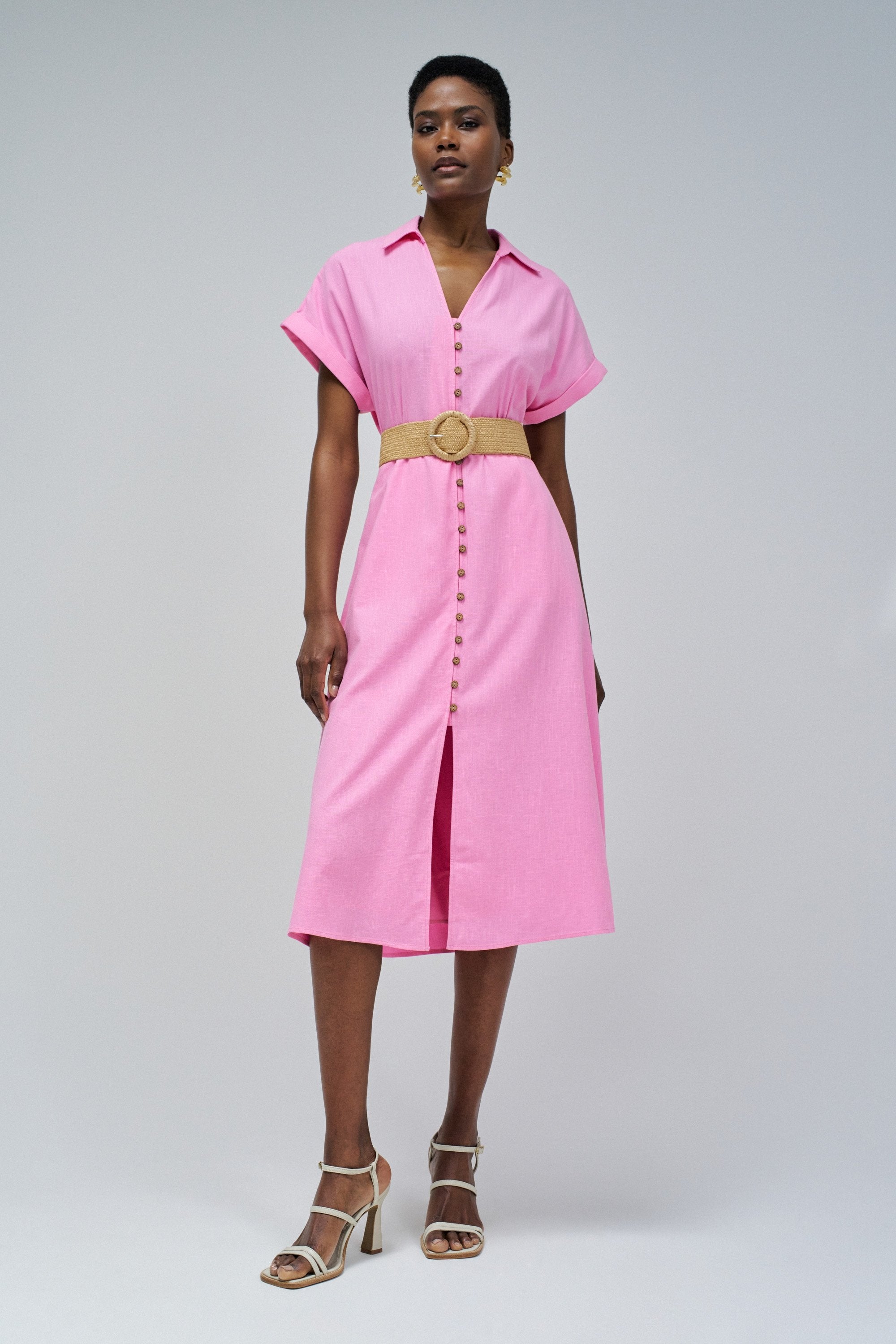 Linen Shirt Dress With Front Buttoned Belt in Medium Pink Kleider Salsa Jeans