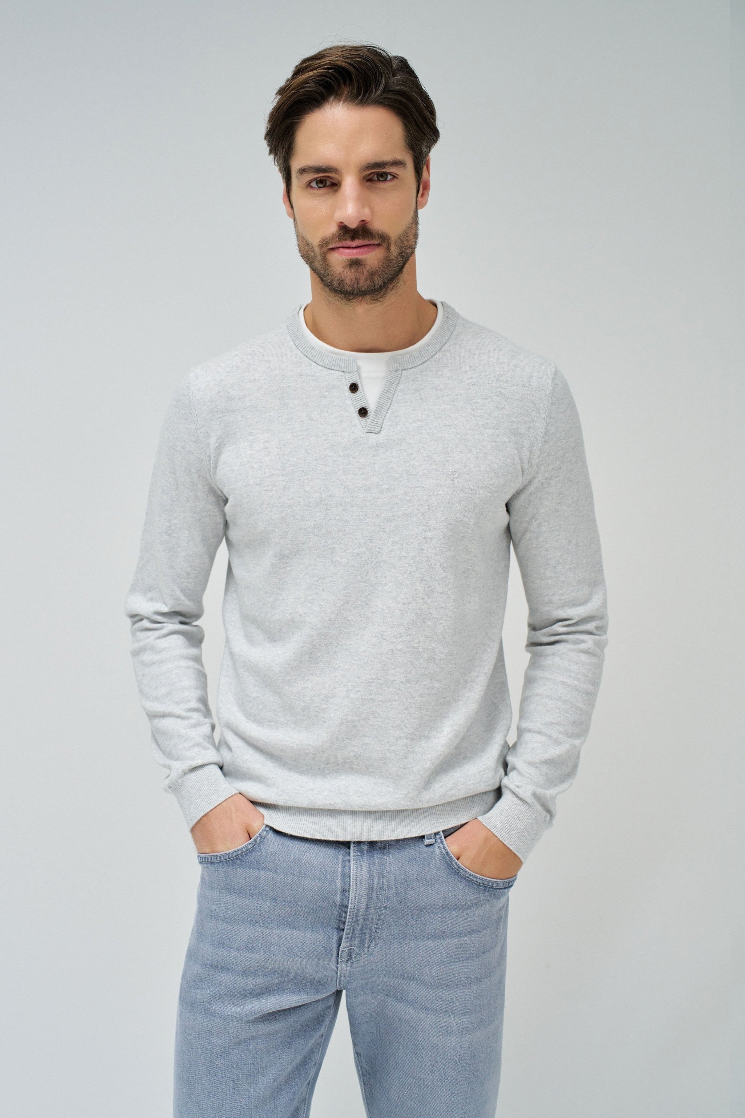 Knit Henley W/ Collar Jersey Details in Light Grey Pullover Salsa Jeans