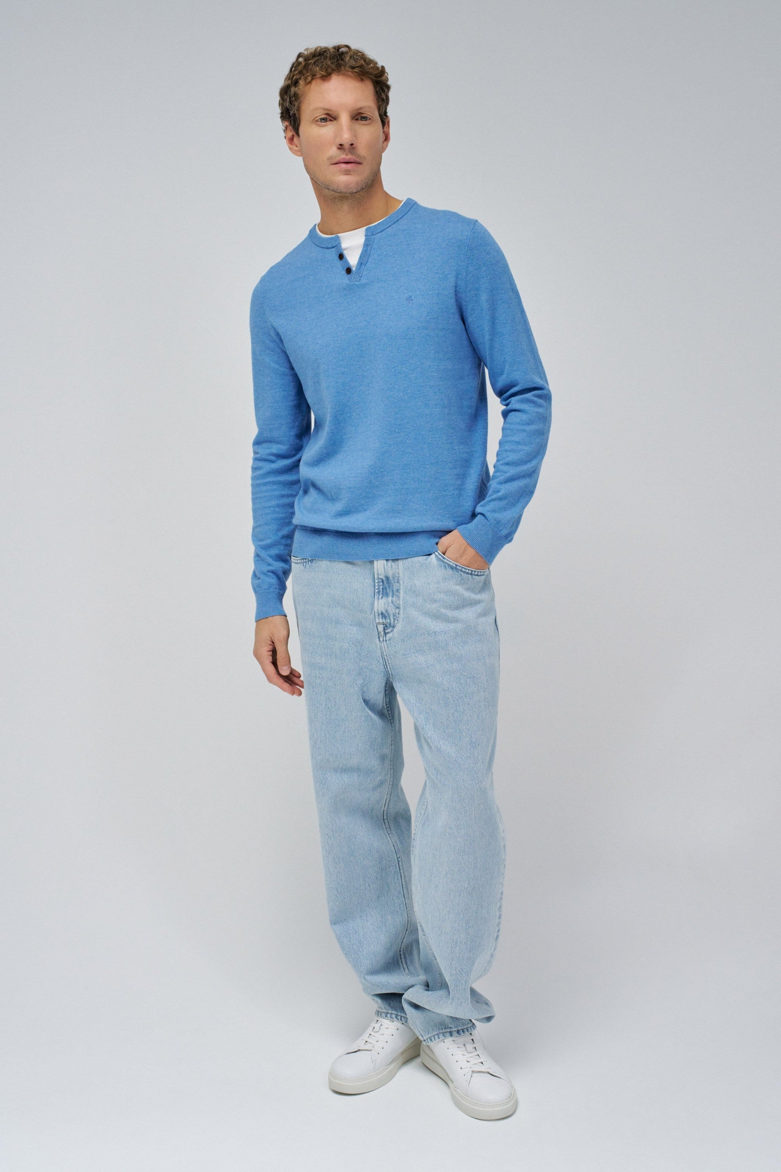 Knit Henley W/ Collar Jersey Details in Medium Blue Pullover Salsa Jeans