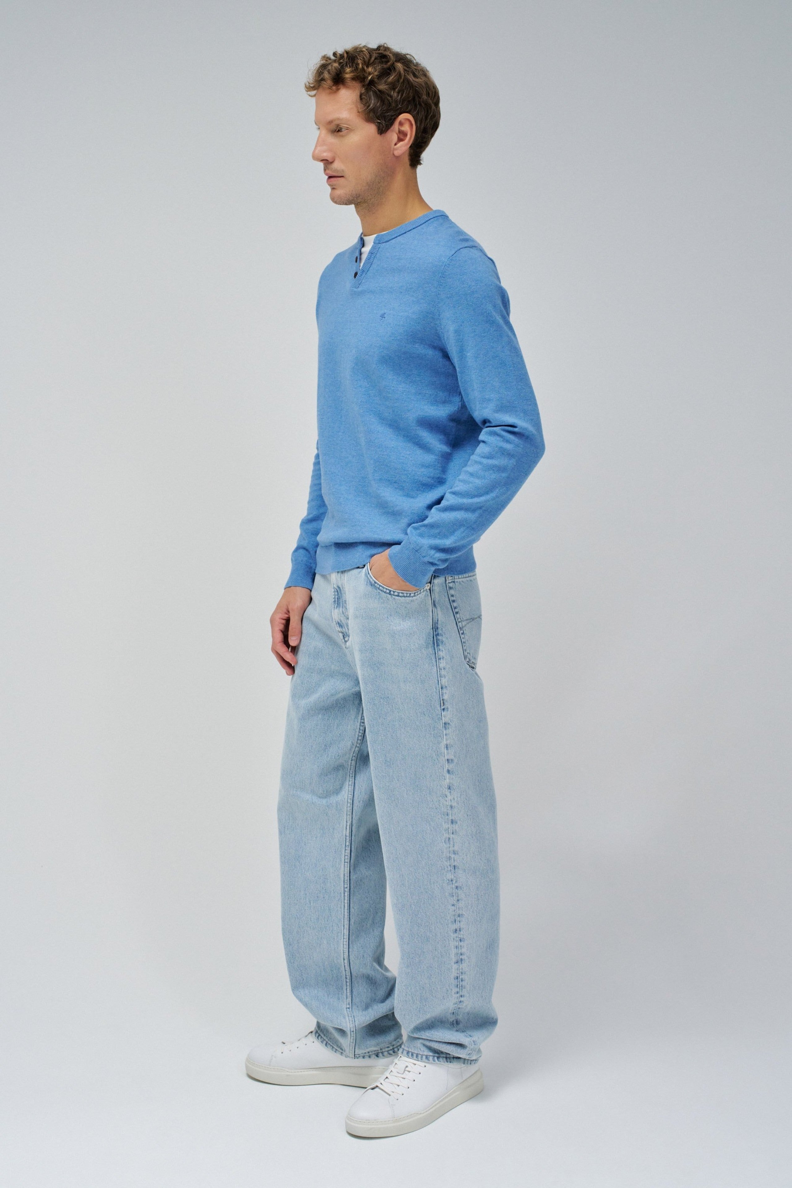 Knit Henley W/ Collar Jersey Details in Medium Blue Pullover Salsa Jeans