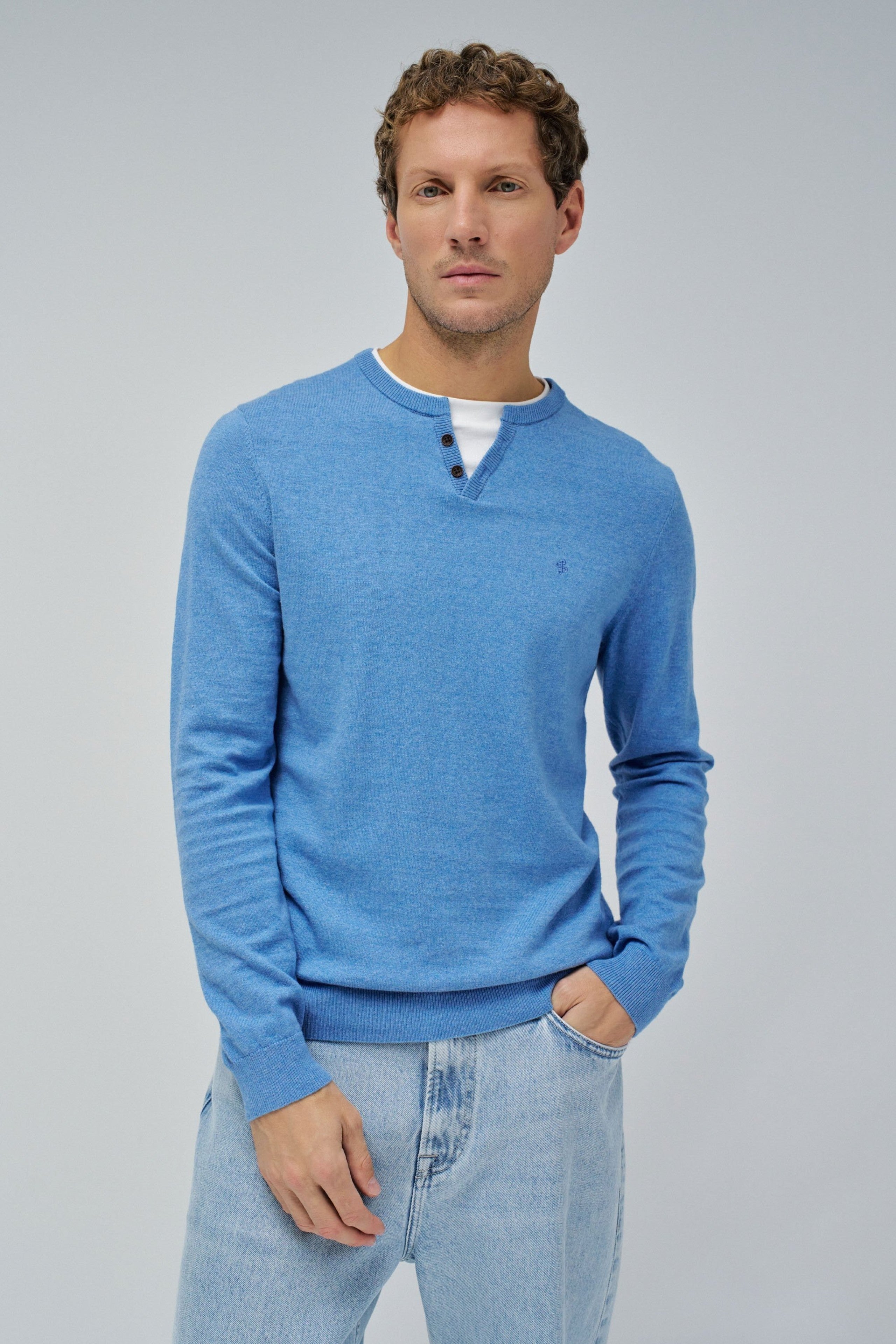 Knit Henley W/ Collar Jersey Details in Medium Blue Pullover Salsa Jeans