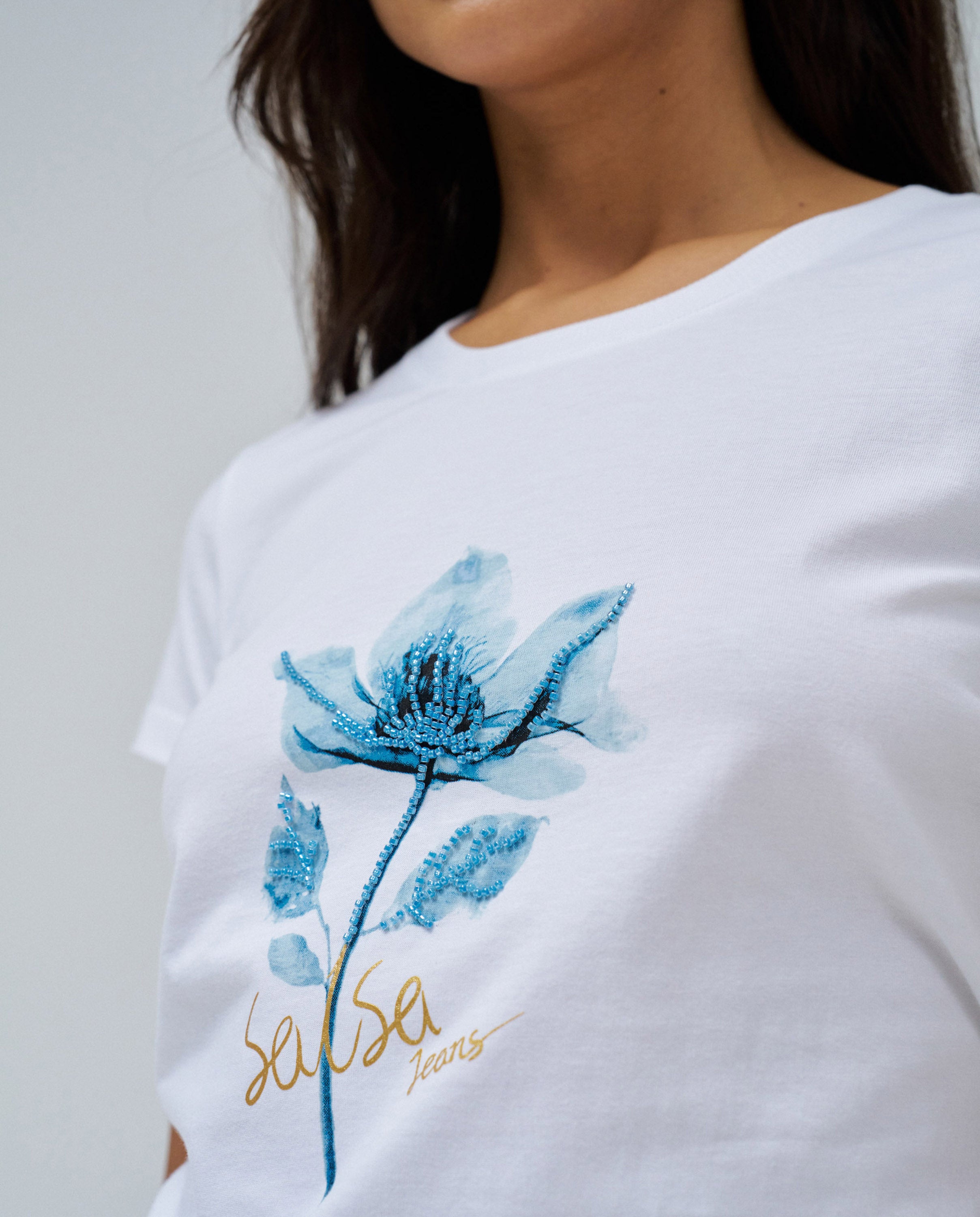 Graphic Flower Print T-Shirt in White T-Shirts Salsa Jeans