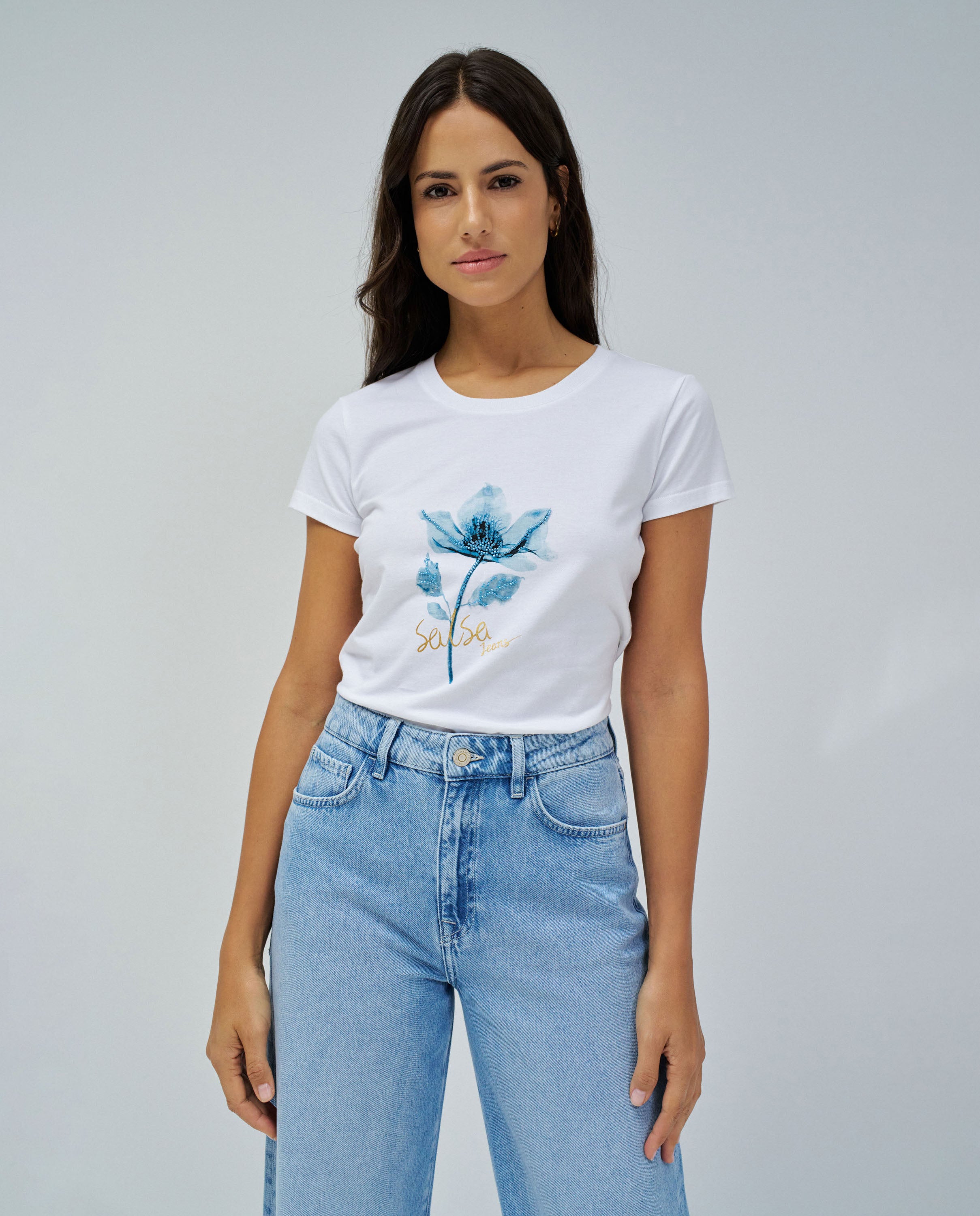 Graphic Flower Print T-Shirt in White T-Shirts Salsa Jeans