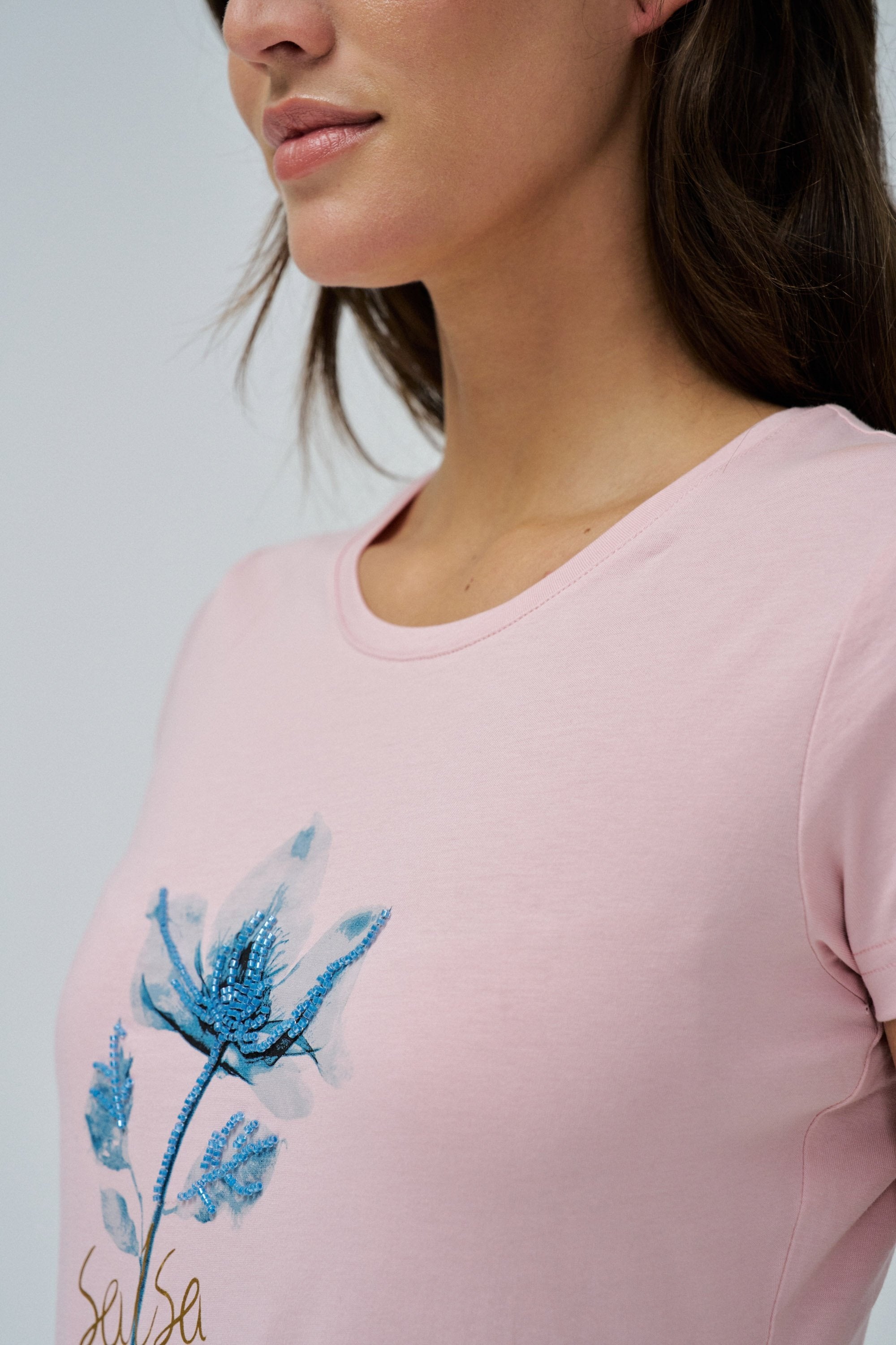 Graphic Flower Print T-Shirt in Medium Pink V1 T-Shirts Salsa Jeans