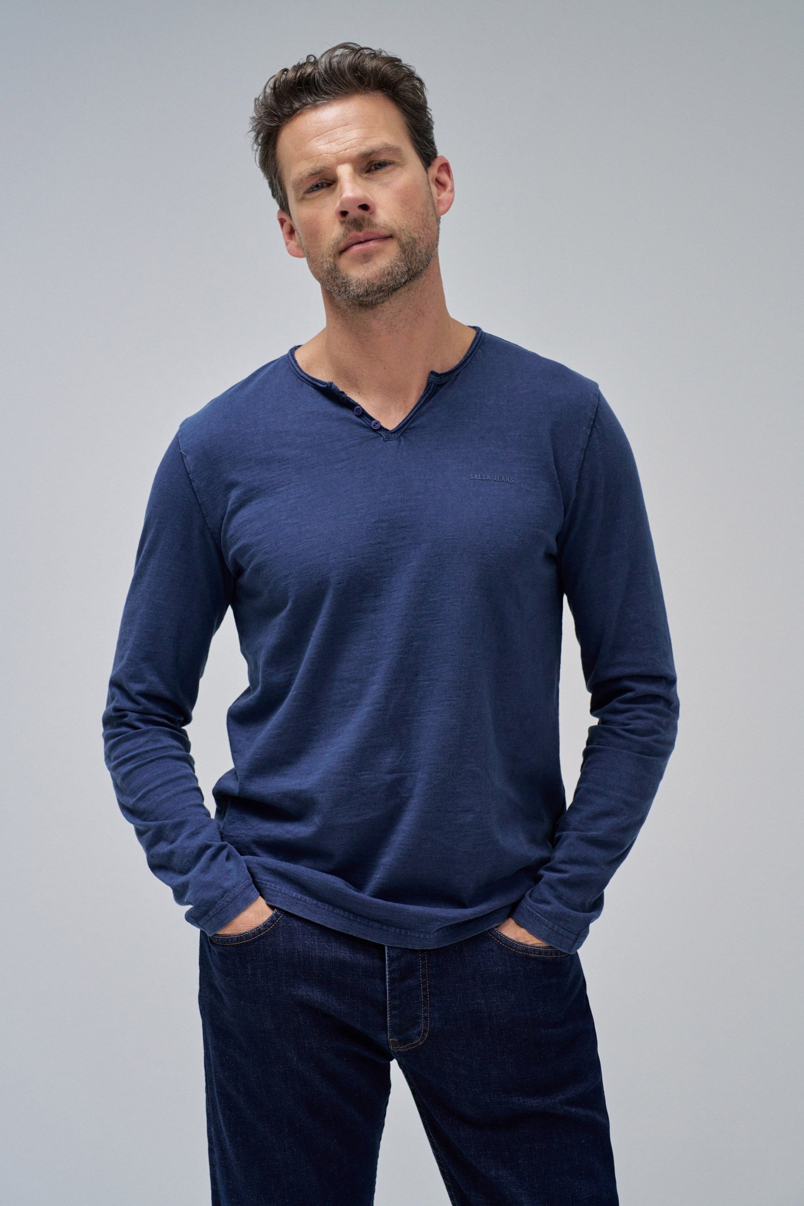 Jersey Longsleeve Serafino in Medium Blue T-Shirts Salsa Jeans