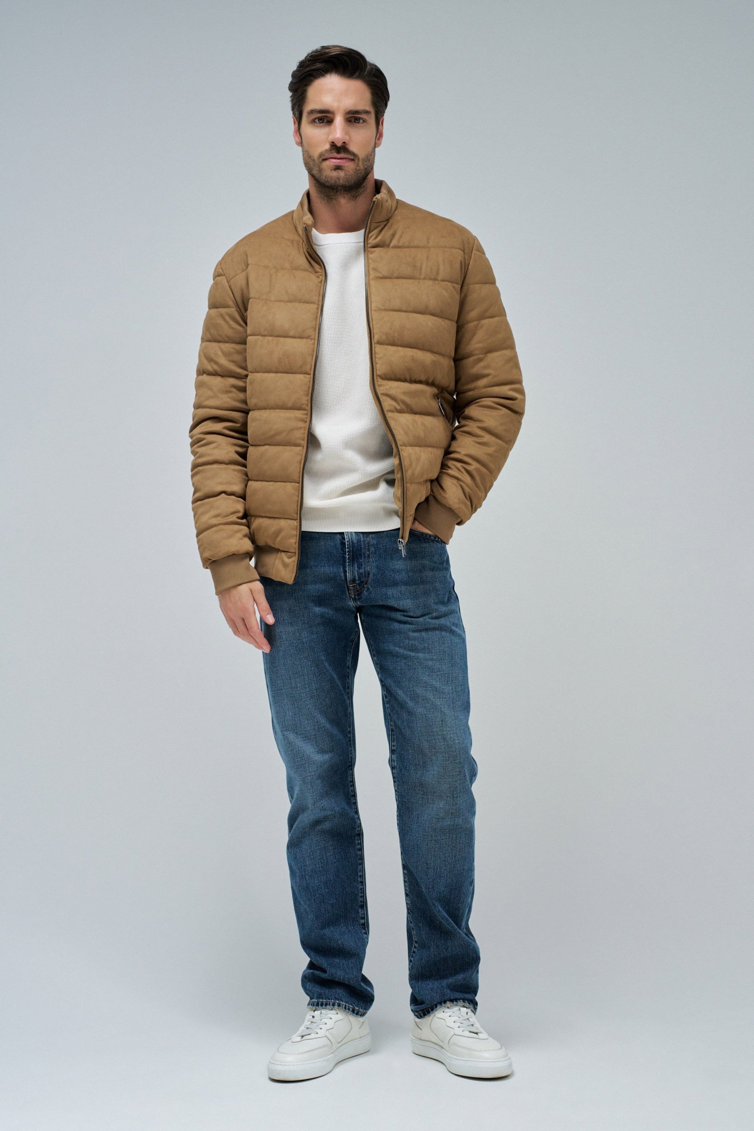 Suede Puffer Bomber Jacket in Medium Brown