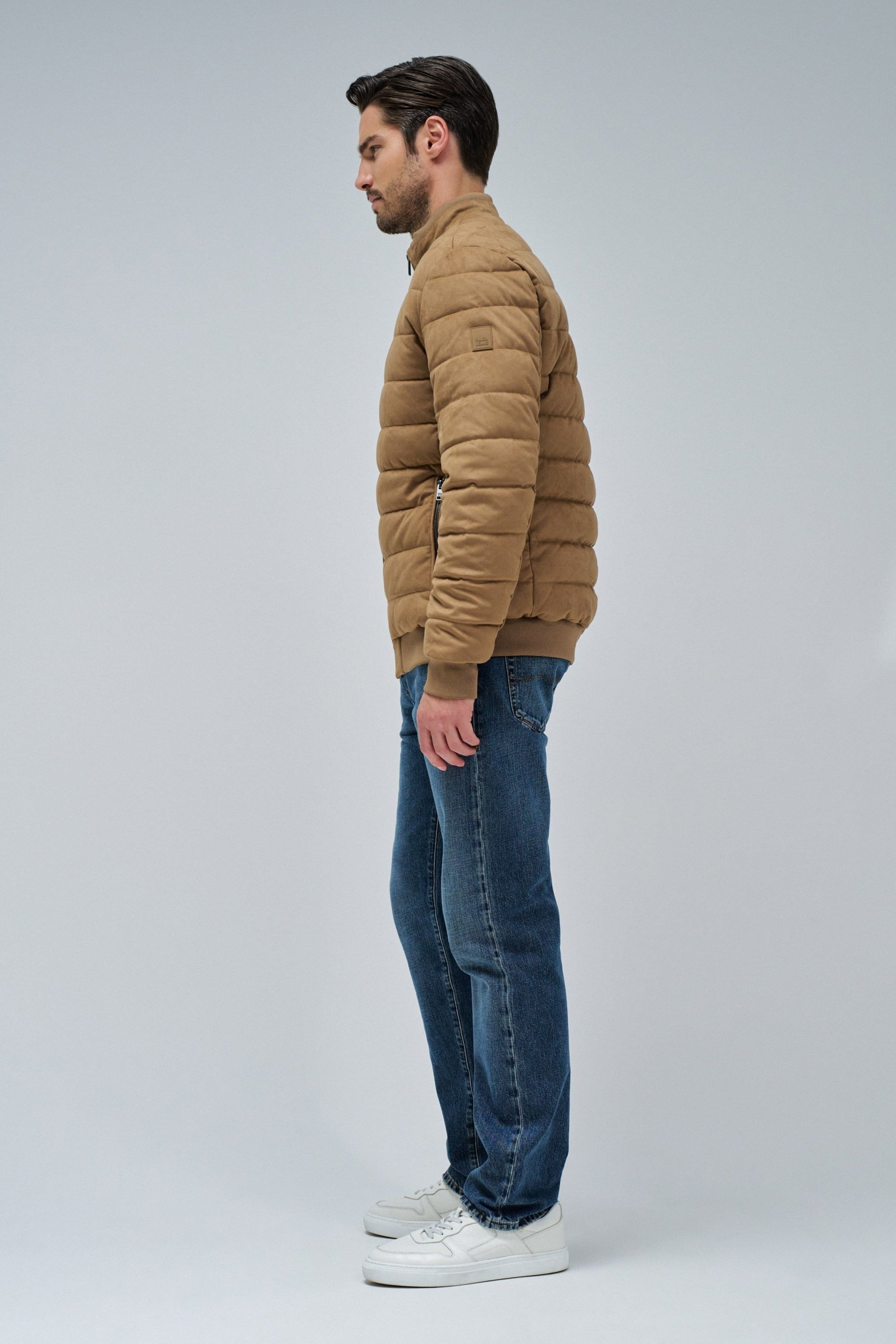 Suede Puffer Bomber Jacket in Medium Brown