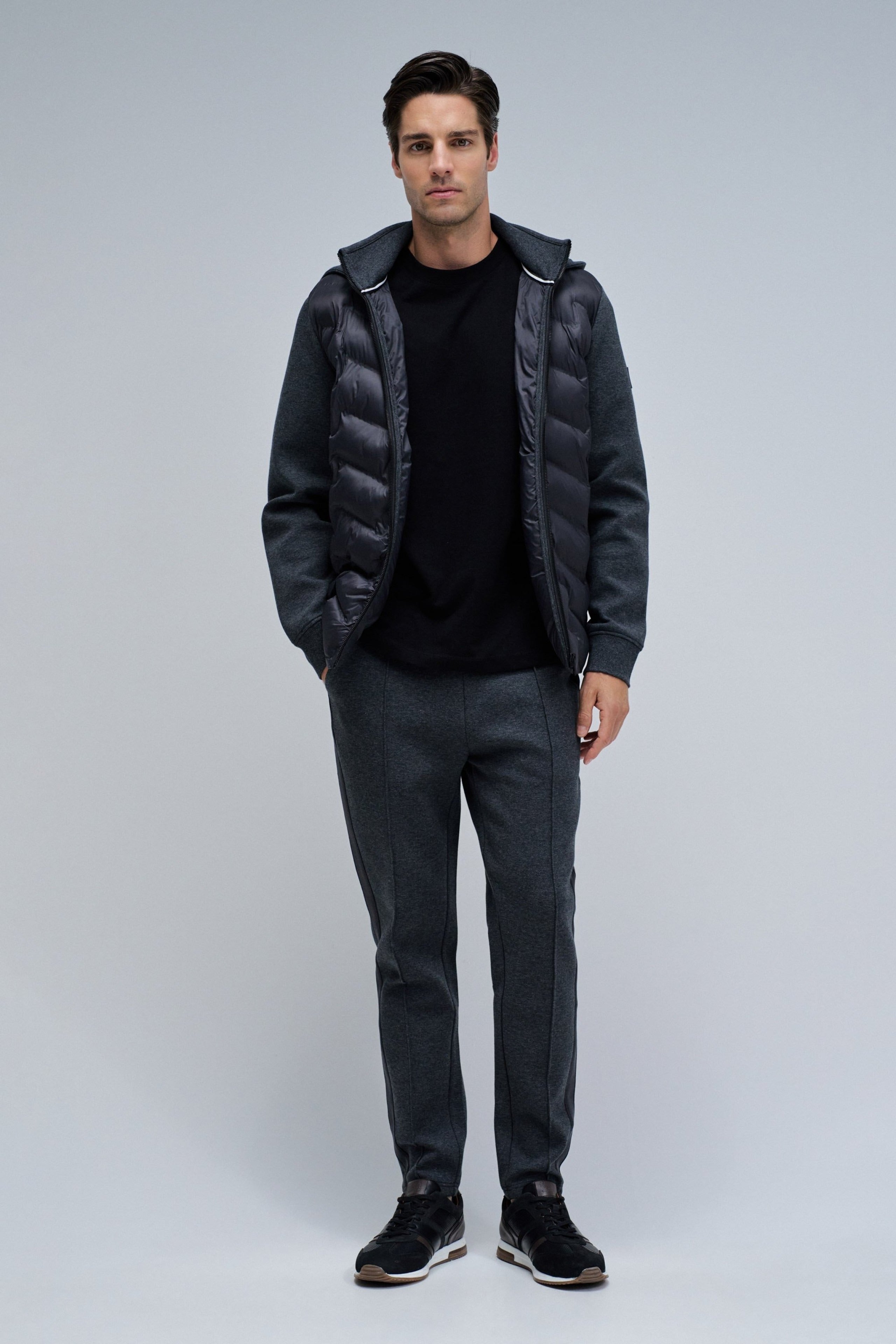 Zip-Thru Padded Jumper W/ Hoodie in Dark Grey