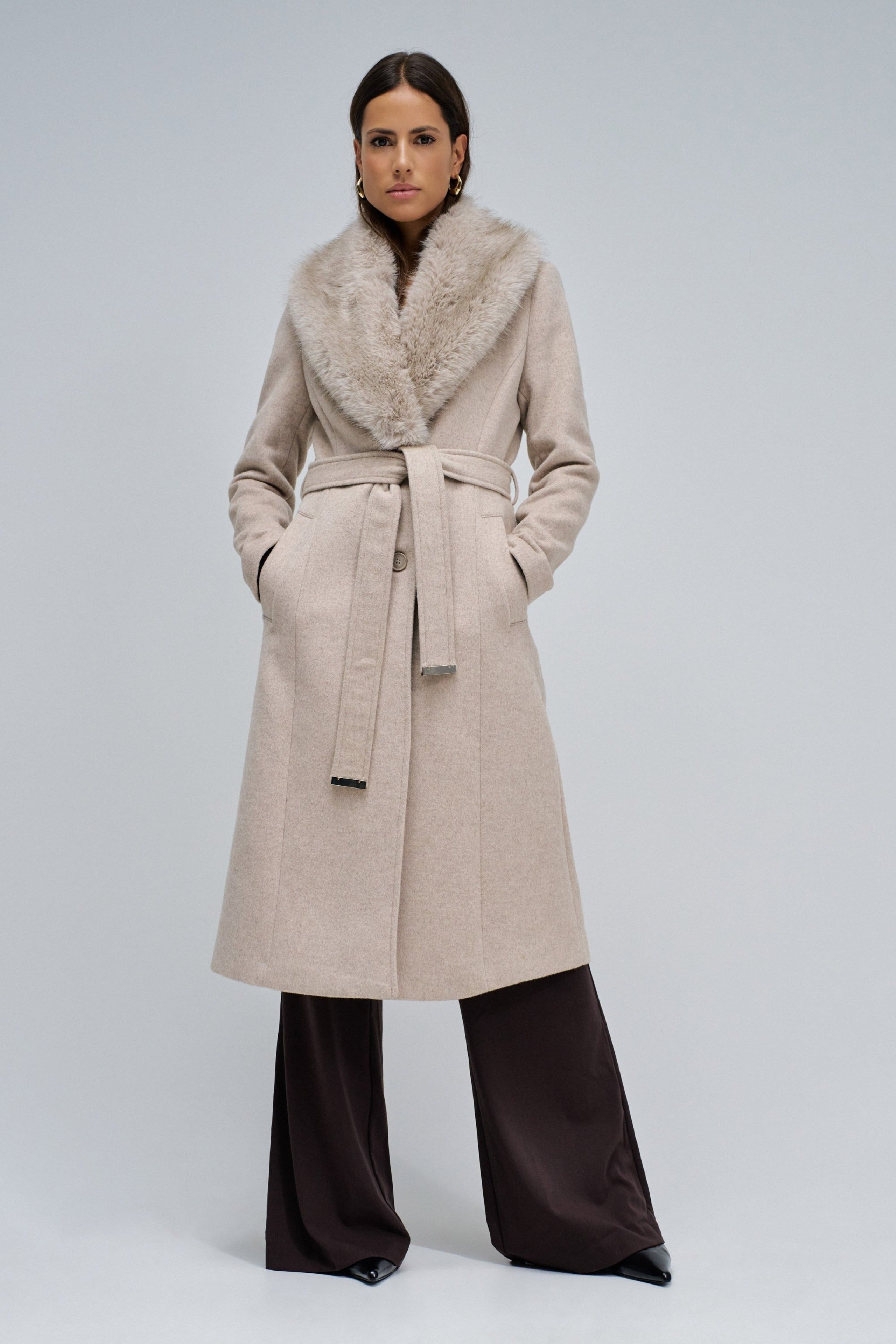 Long Wool Coat Faux Fur Belt in Medium Beige V1 Jacken Salsa Jeans