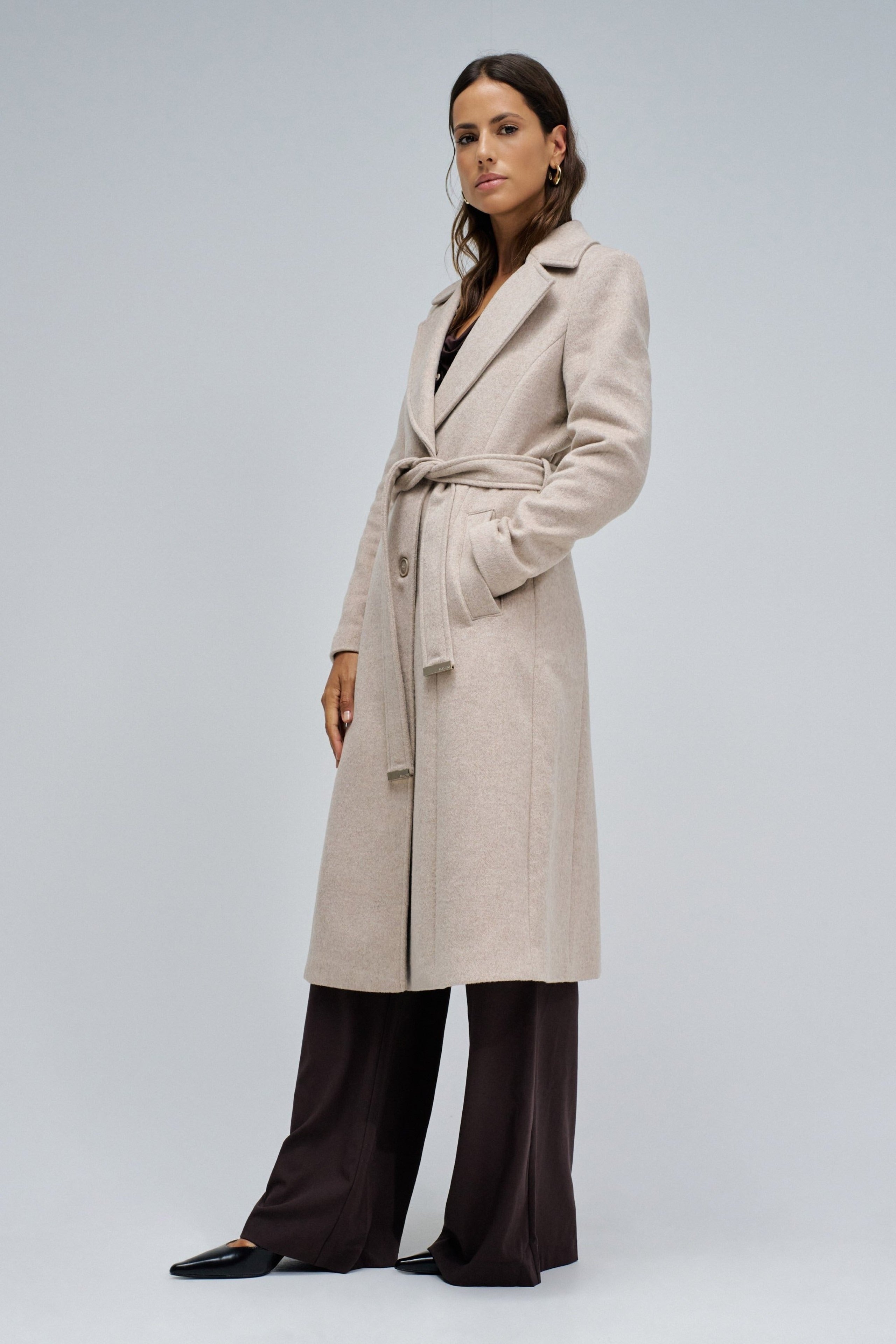 Long Wool Coat Faux Fur Belt in Medium Beige V1 Jacken Salsa Jeans