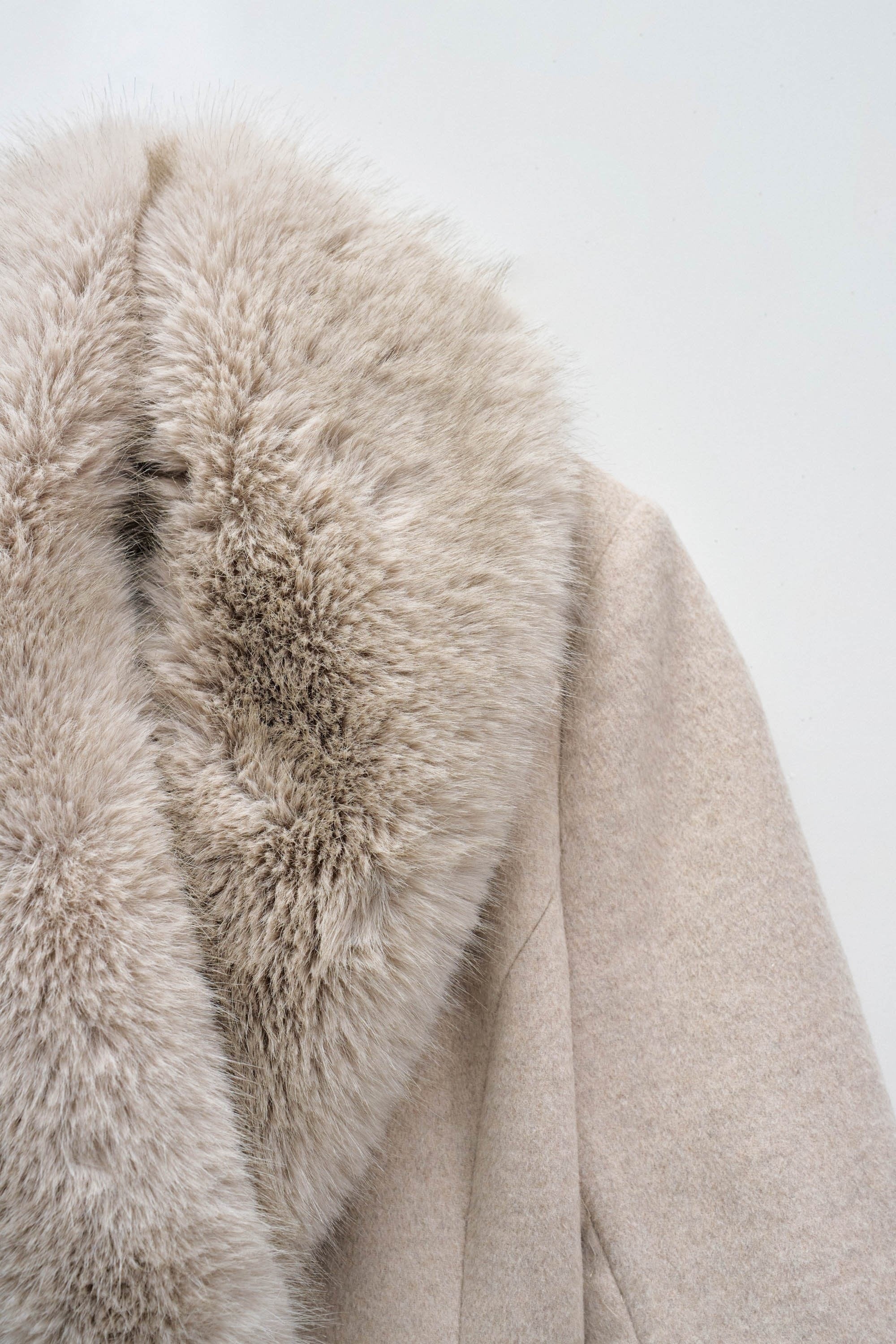 Long Wool Coat Faux Fur Belt in Medium Beige V1 Jacken Salsa Jeans
