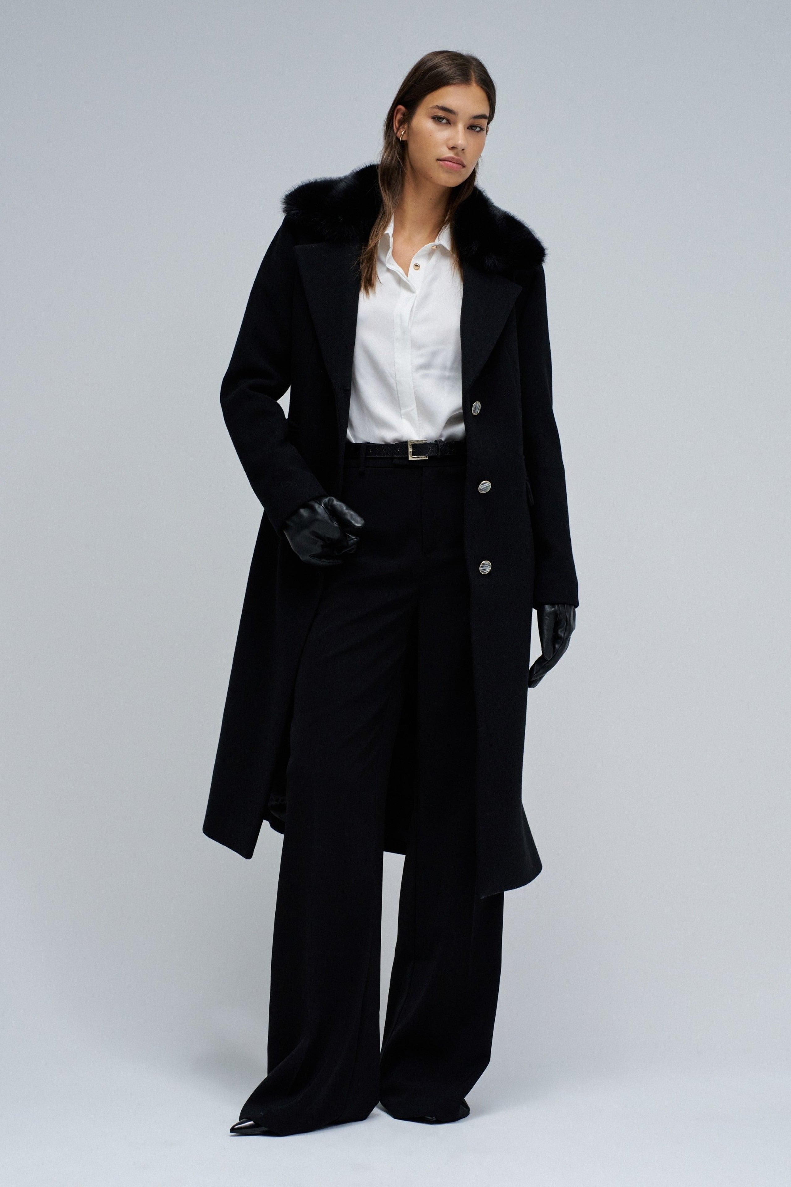 Wool Coat With Faux Fur Collar in Black Jacken Salsa Jeans