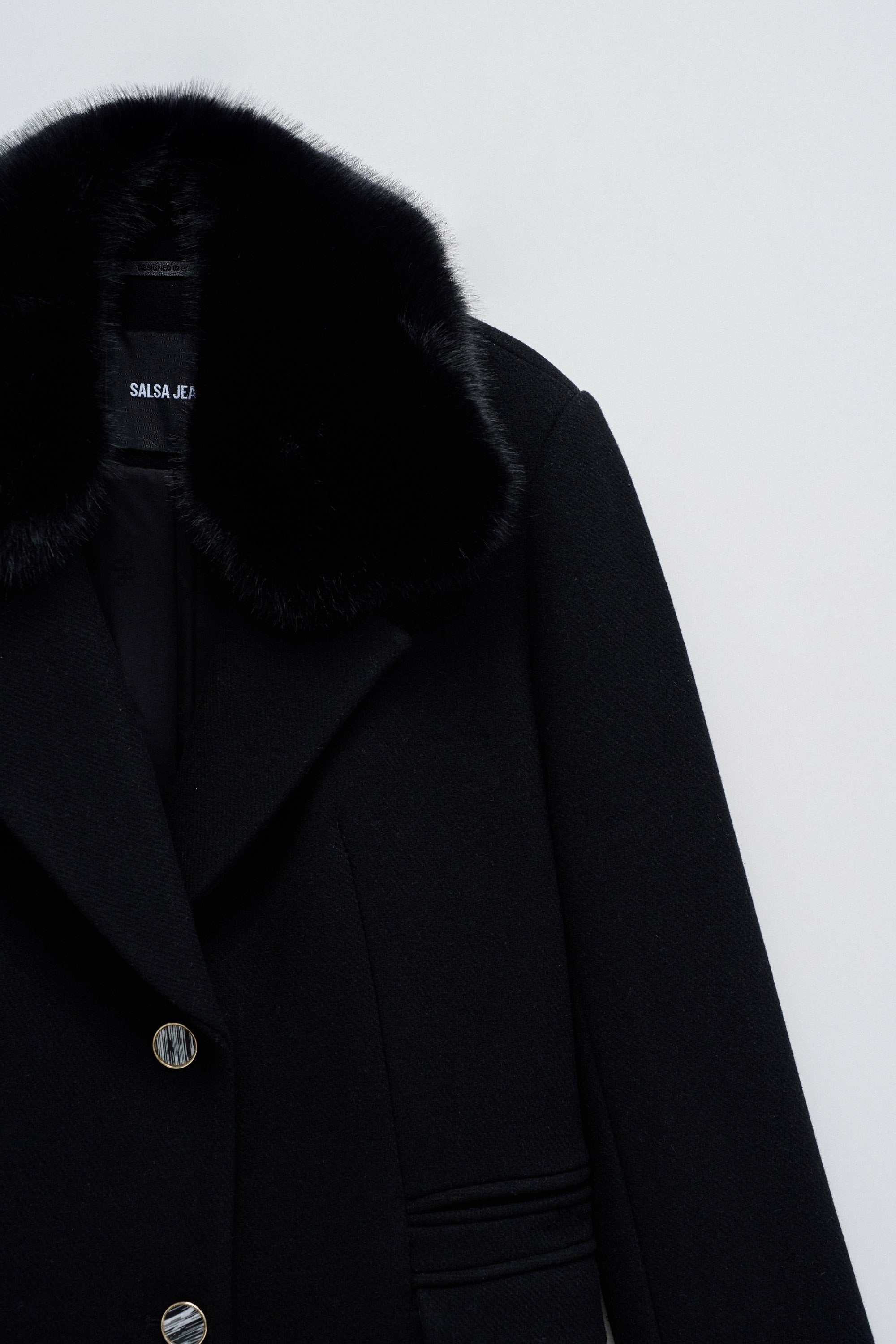Wool Coat With Faux Fur Collar in Black Jacken Salsa Jeans